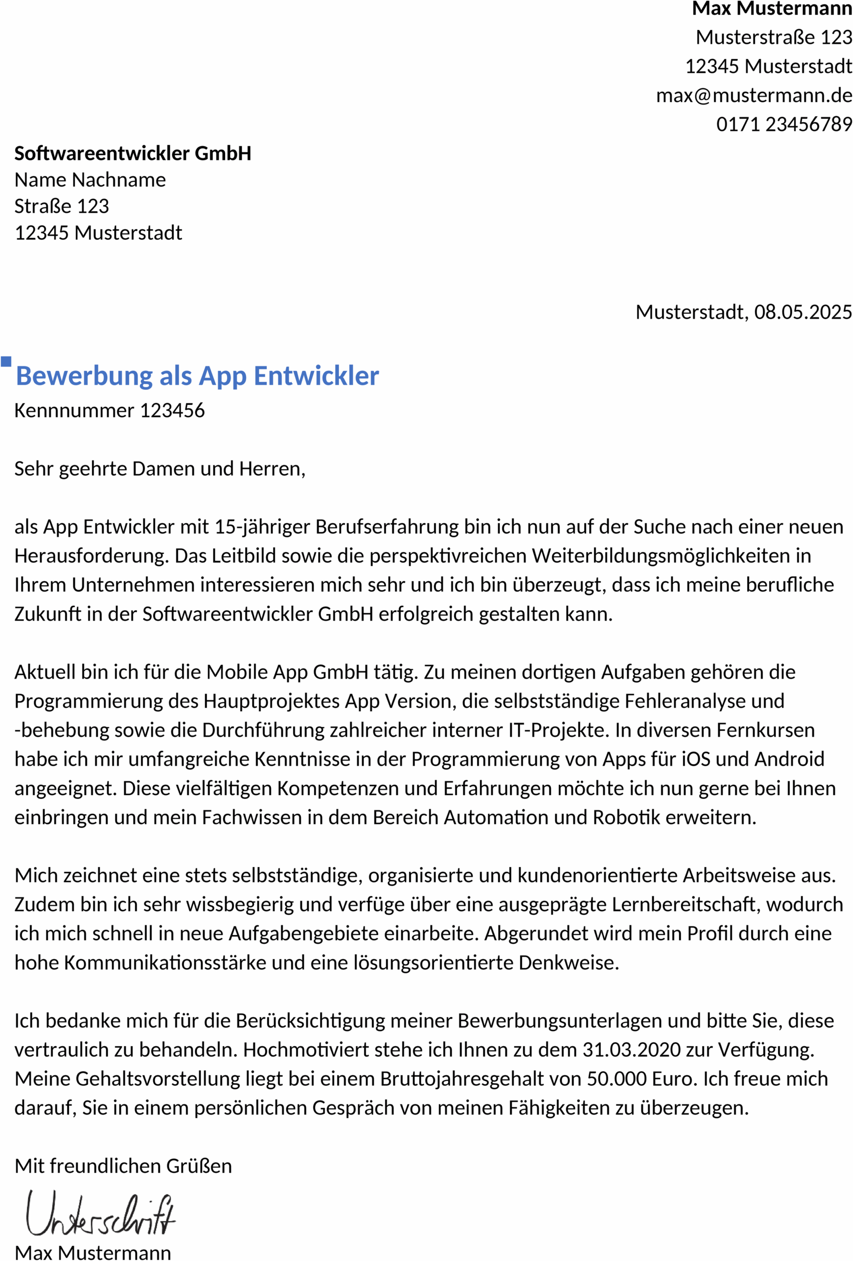Word-Bewerbungsvorlage für Erfahrene App-Entwickler
