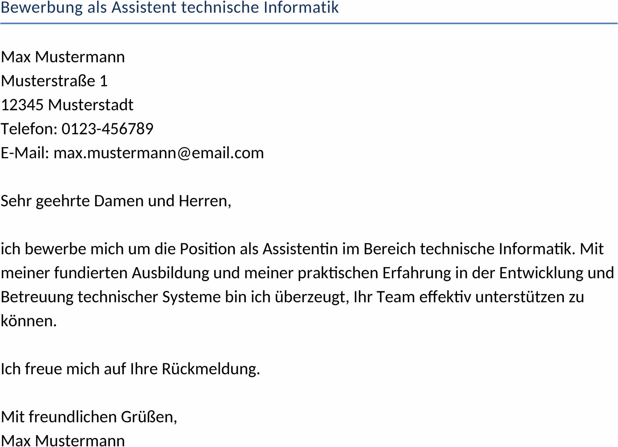 Bewerbungsvorlage Assistent Technische Informatik Word