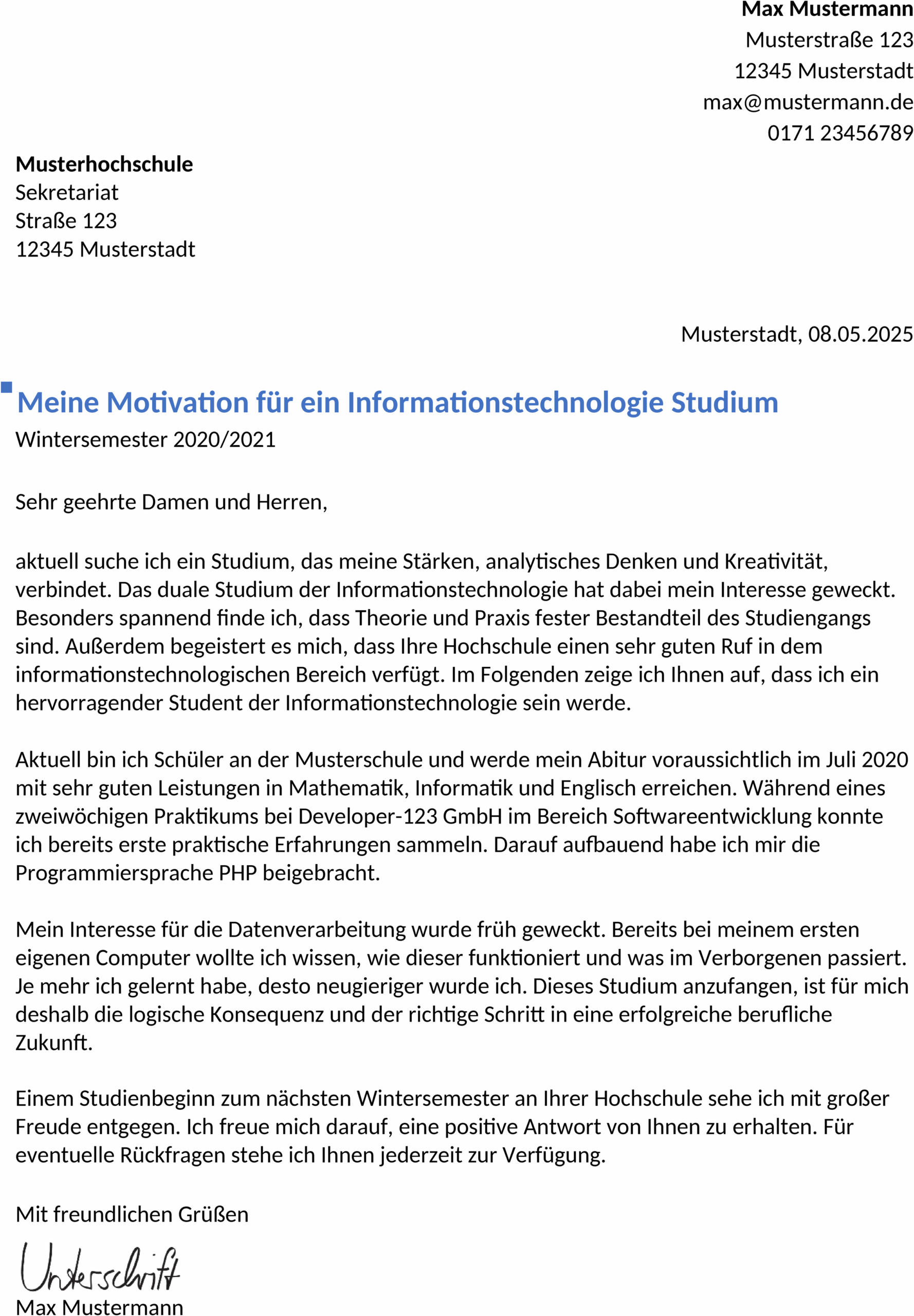 Word-Vorlage Bewerbung Backend Developer Studium