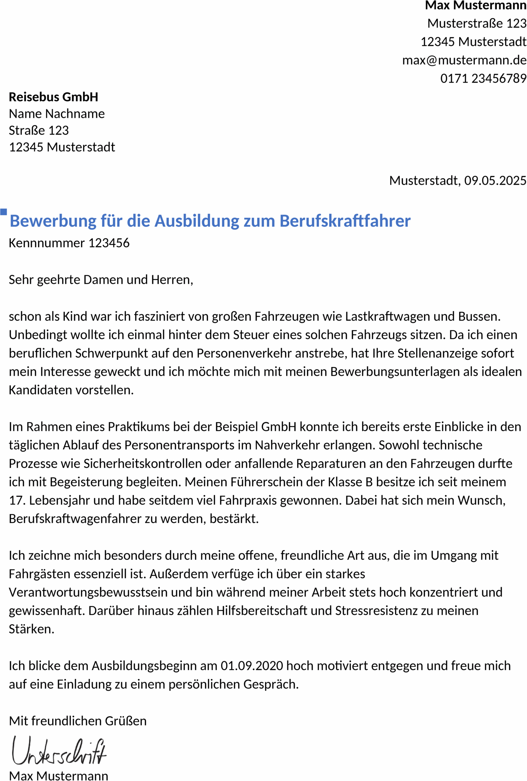 Word-Vorlage Bewerbung Berufskraftfahrer Ausbildung