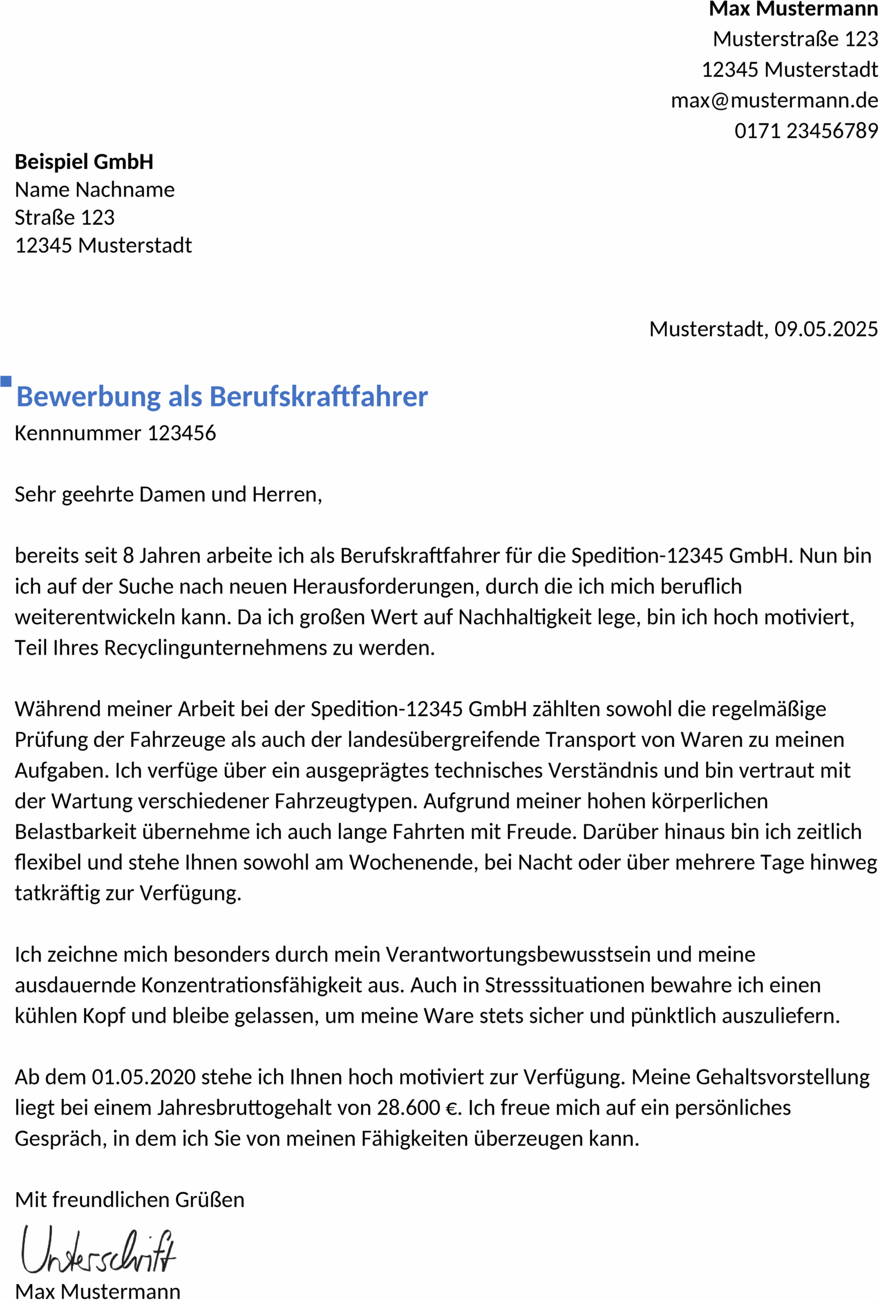 Bewerbungsvorlage Berufskraftfahrer mit Berufserfahrung