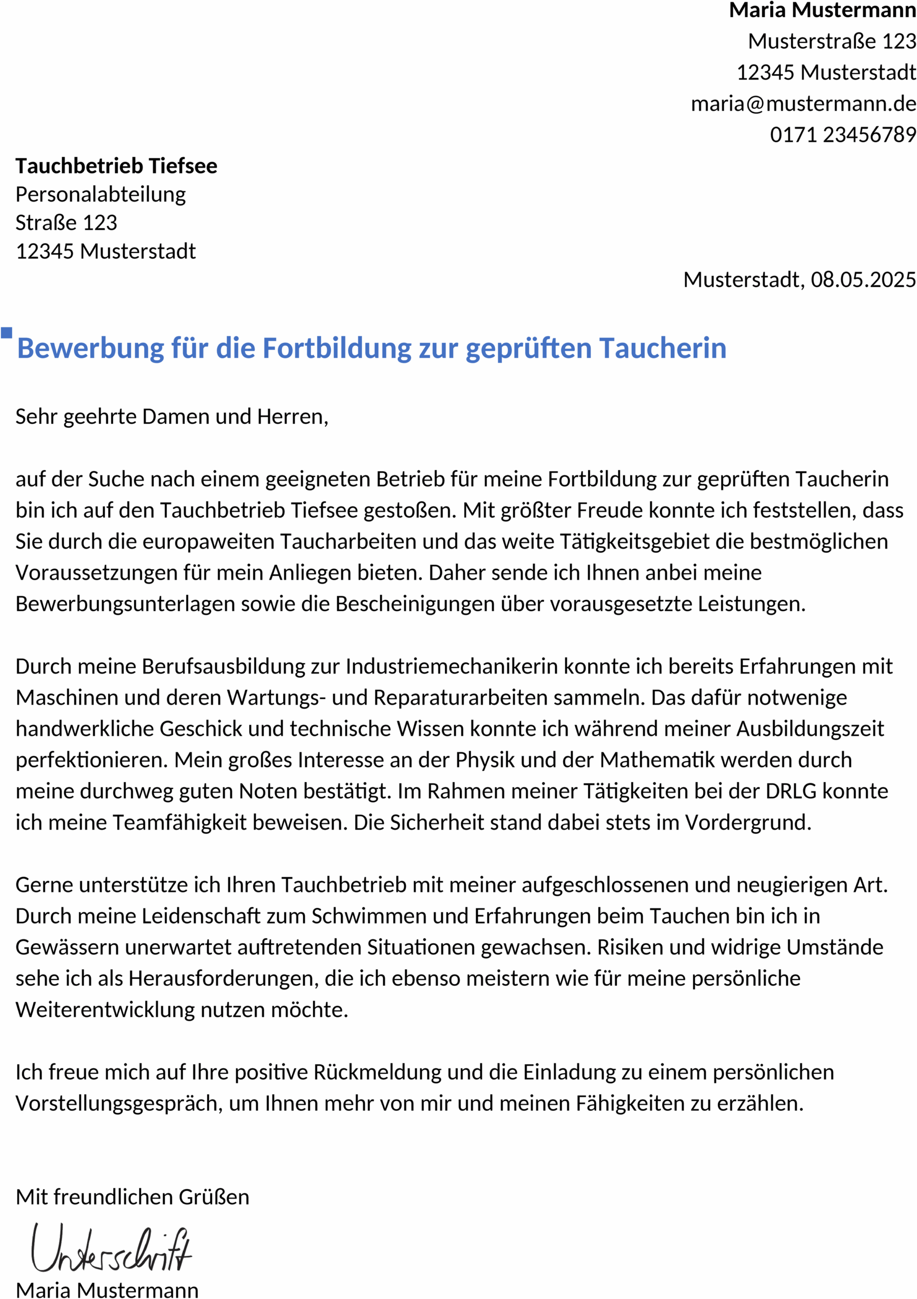 Bewerbungsvorlage für Berufstaucher Fortbildung
