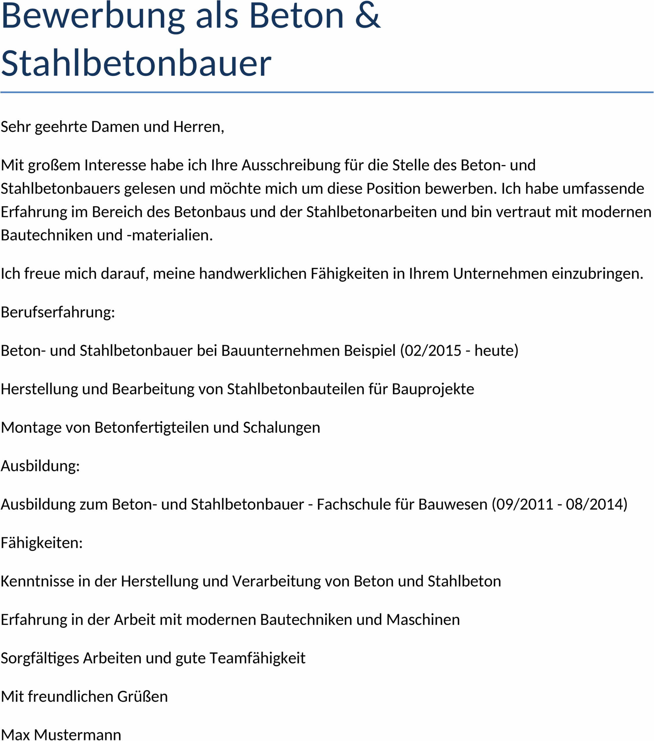 Bewerbungsvorlage Beton- und Stahlbetonbauer