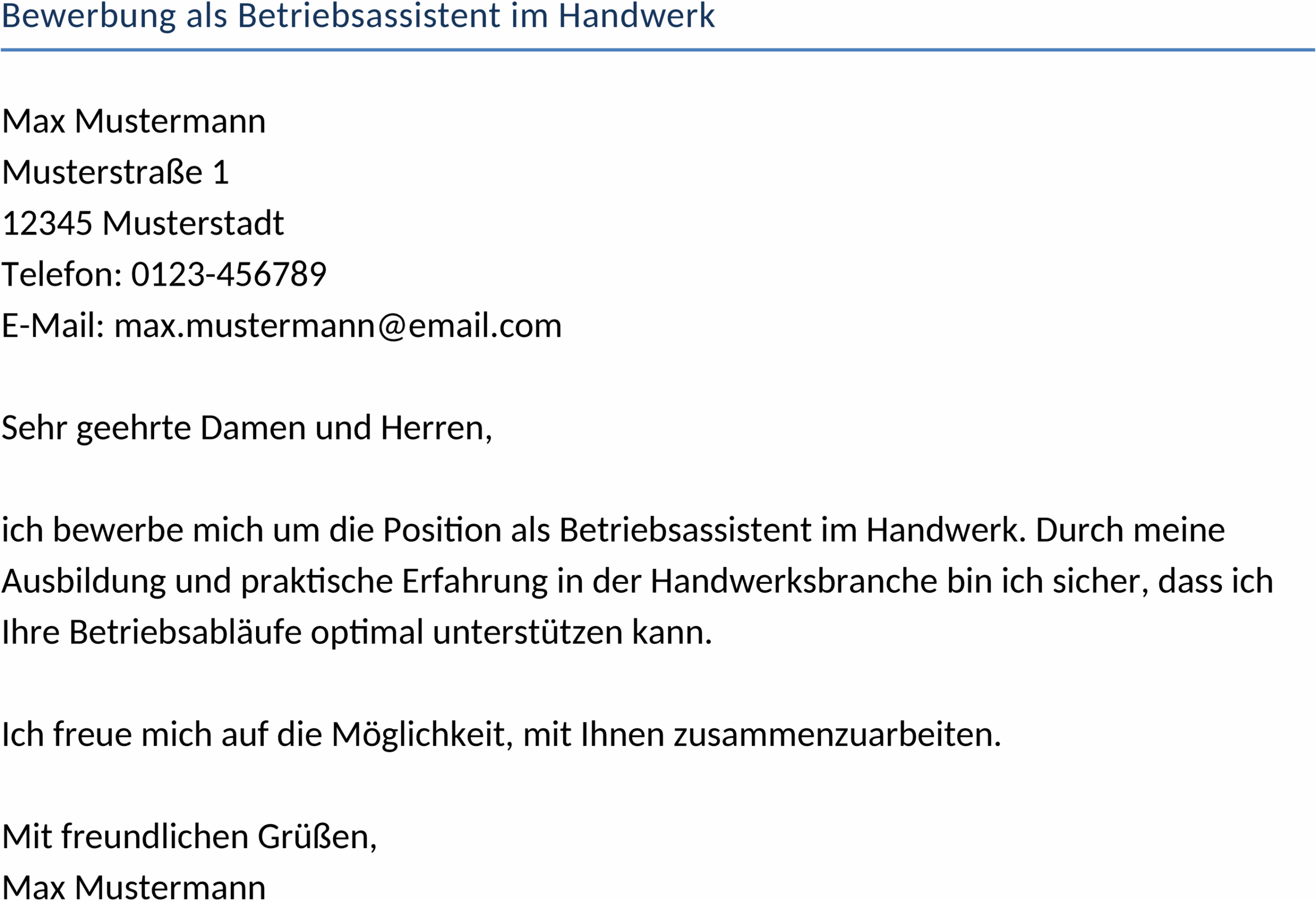 Bewerbungsvorlage als Betriebsassistent im Handwerk