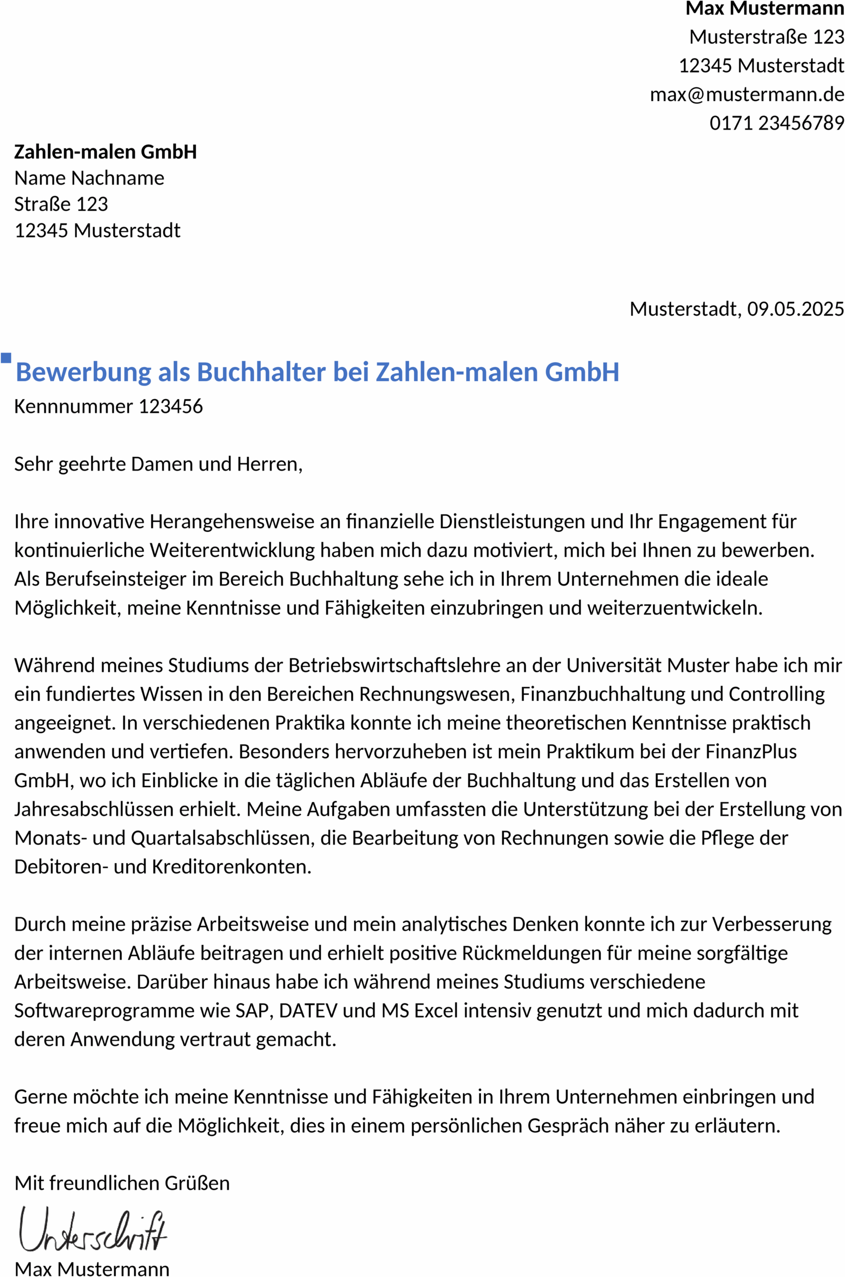 Bewerbungsvorlage Buchhalter Berufseinstieg Word