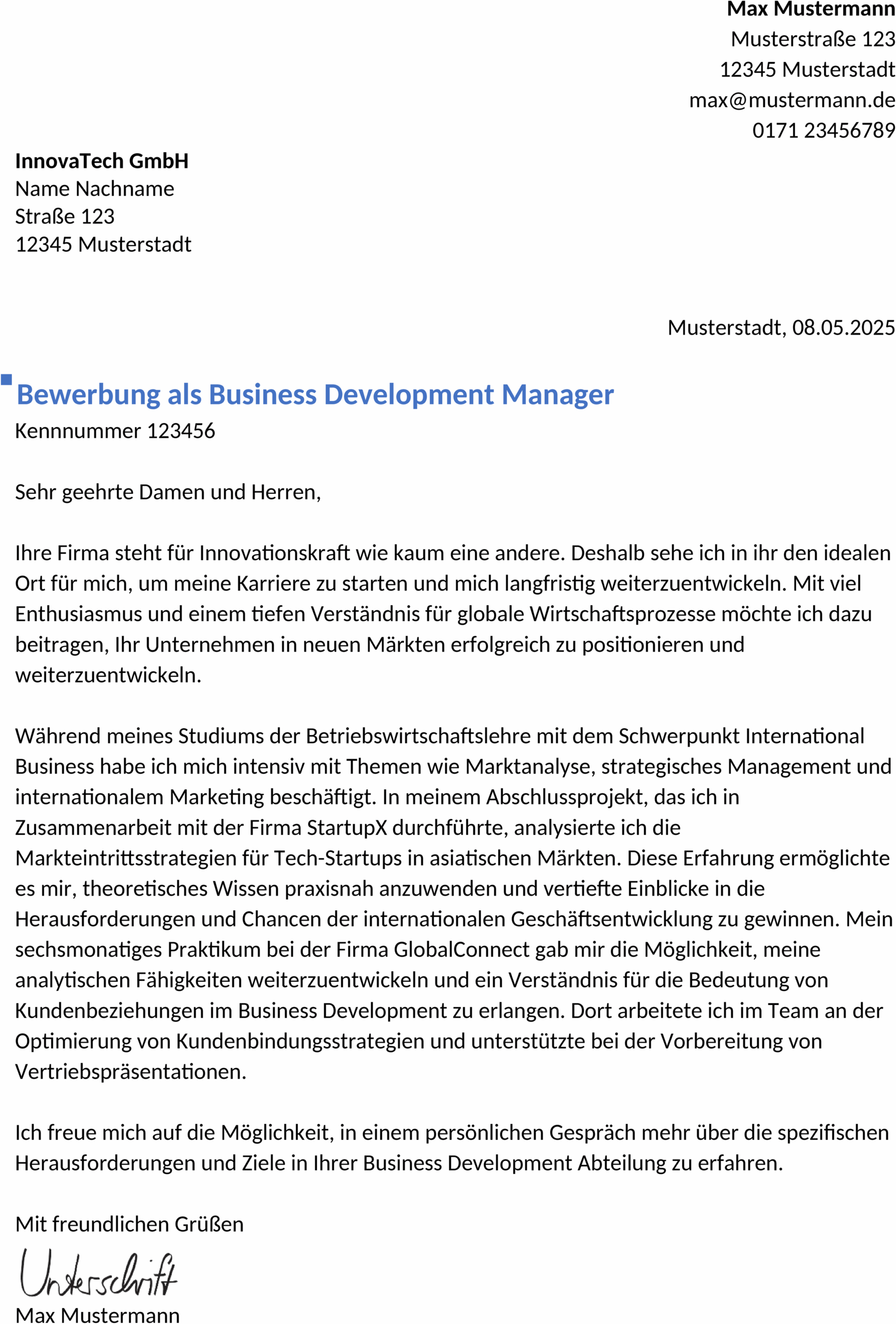 Bewerbungsvorlage Business Development Manager Berufseinstieg