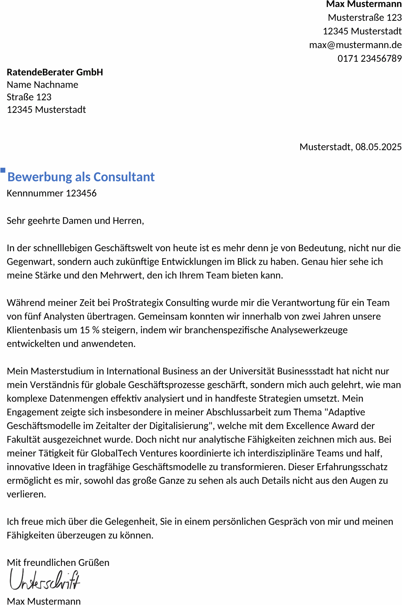 Bewerbungsvorlage Consultant Berufserfahren