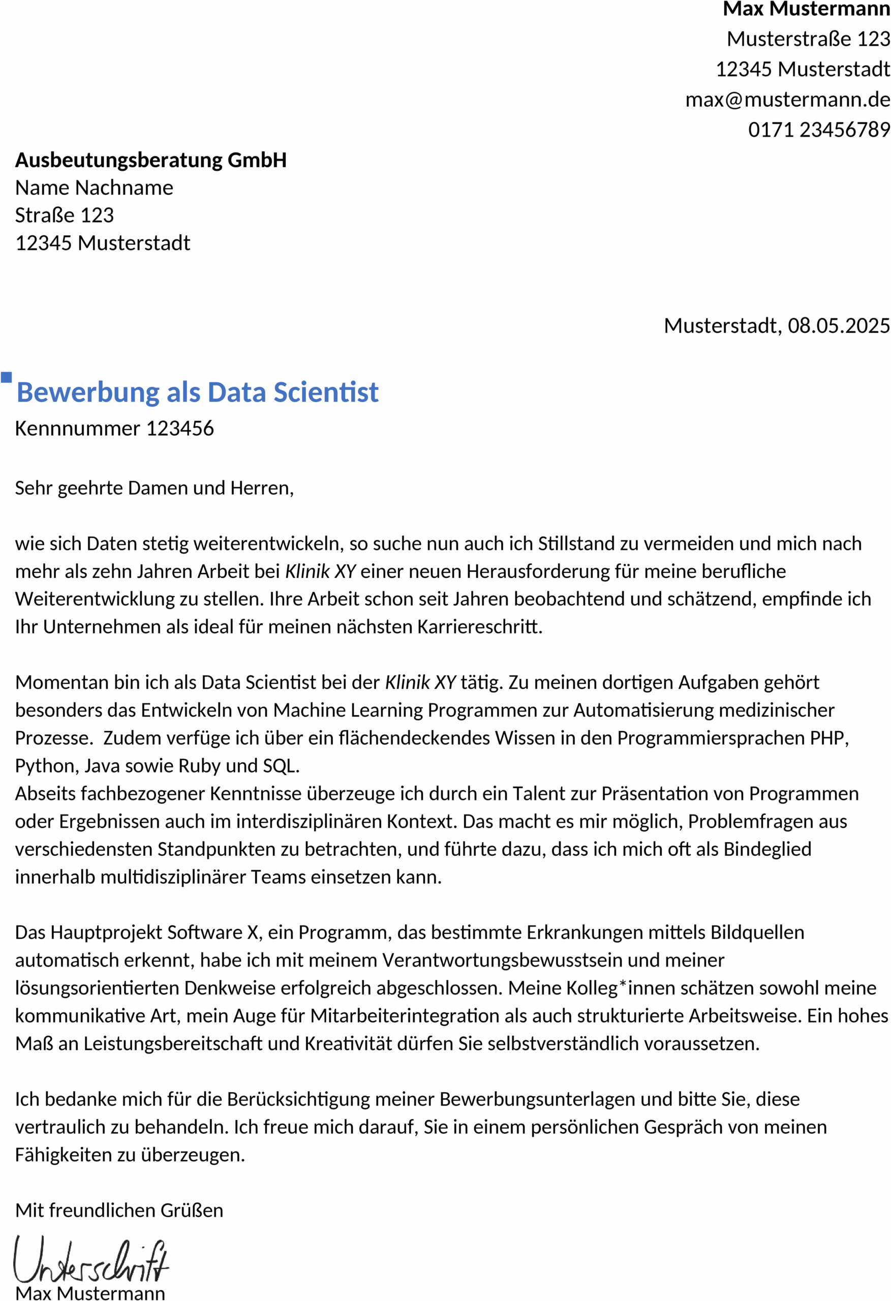 Word Bewerbungsvorlage Data Scientist Berufserfahren
