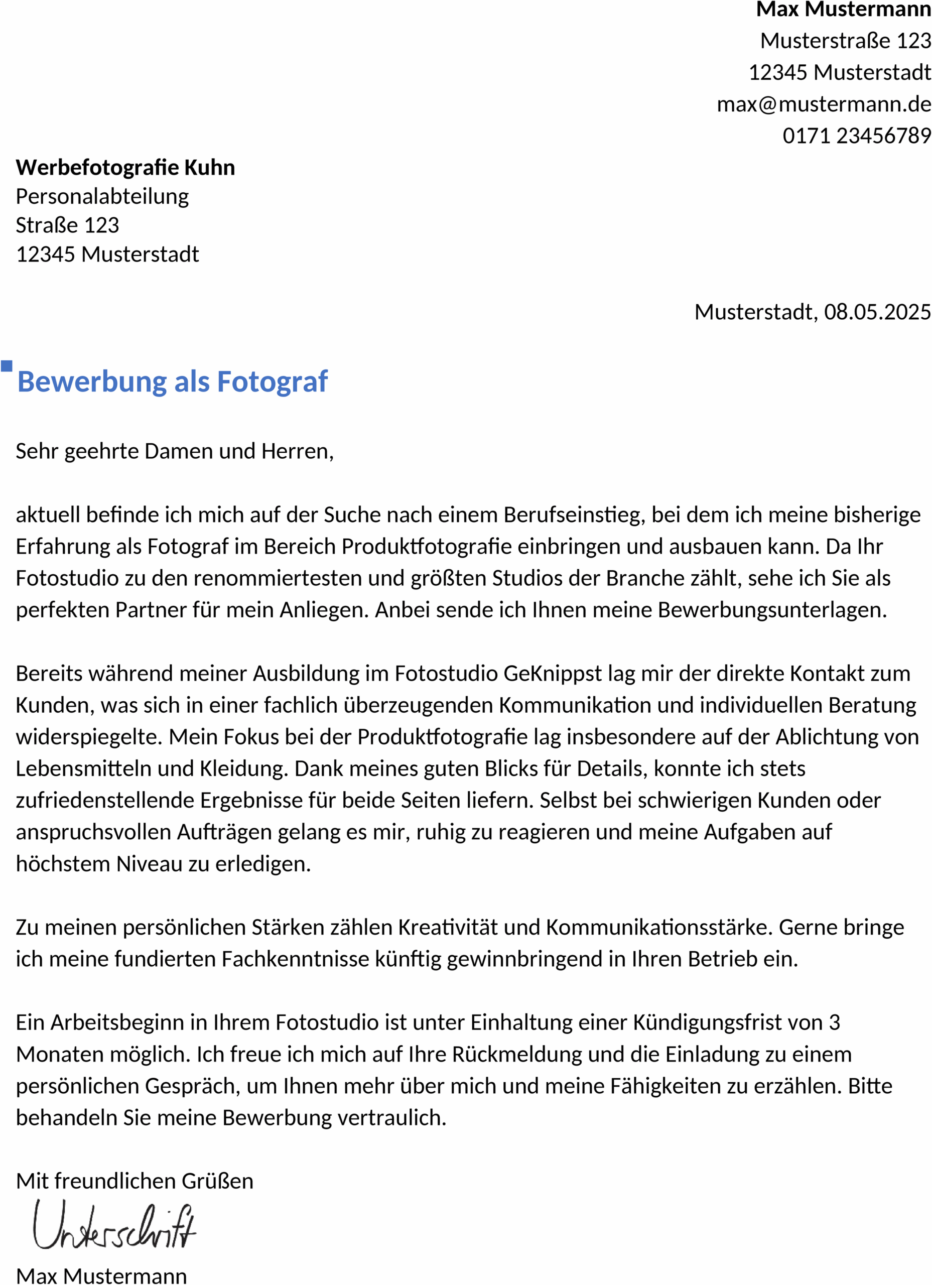 Bewerbungsvorlage Fotograf Berufseinstieg Word