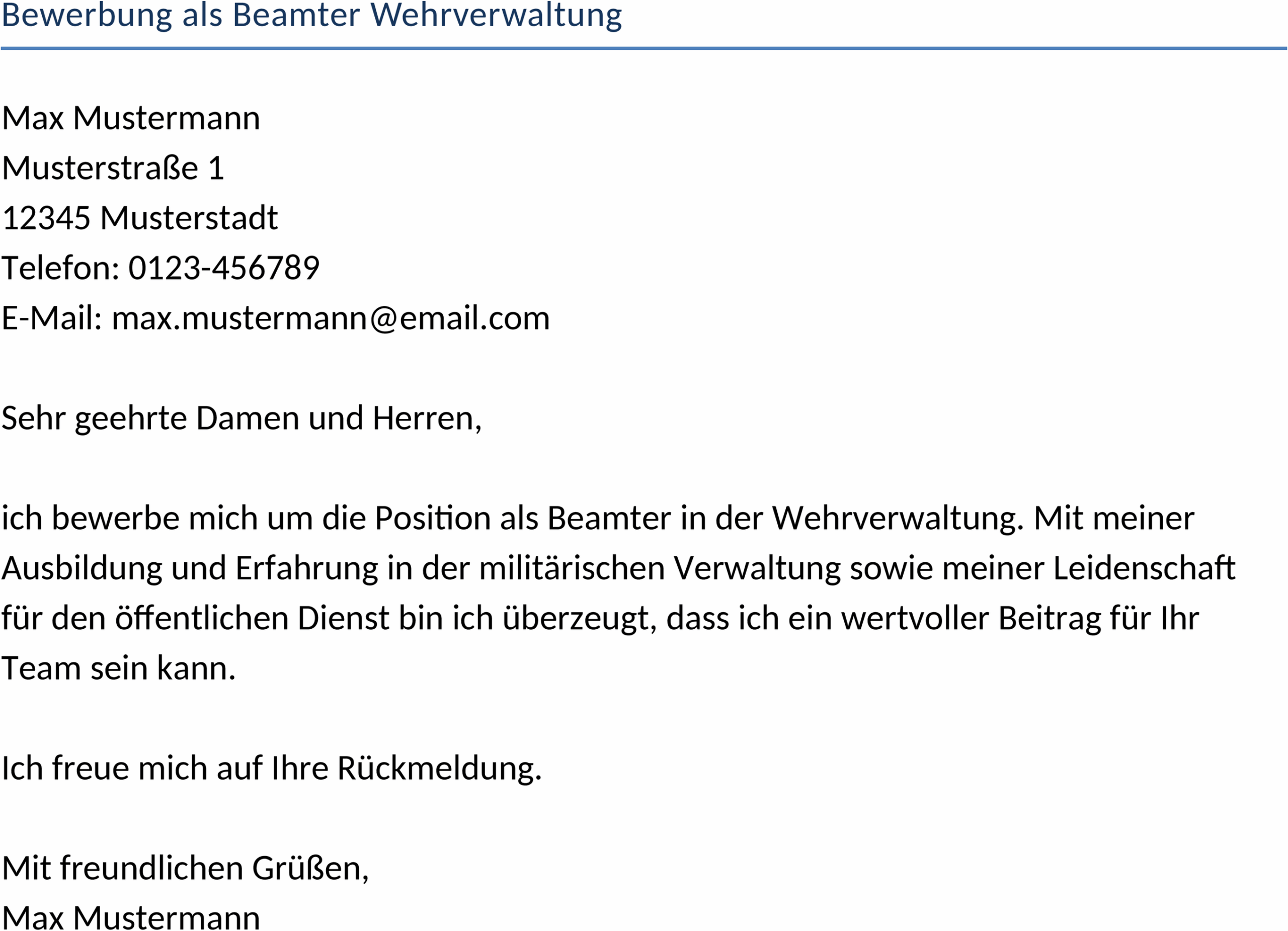 Bewerbungsvorlage für Beamte in der Wehrverwaltung Word
