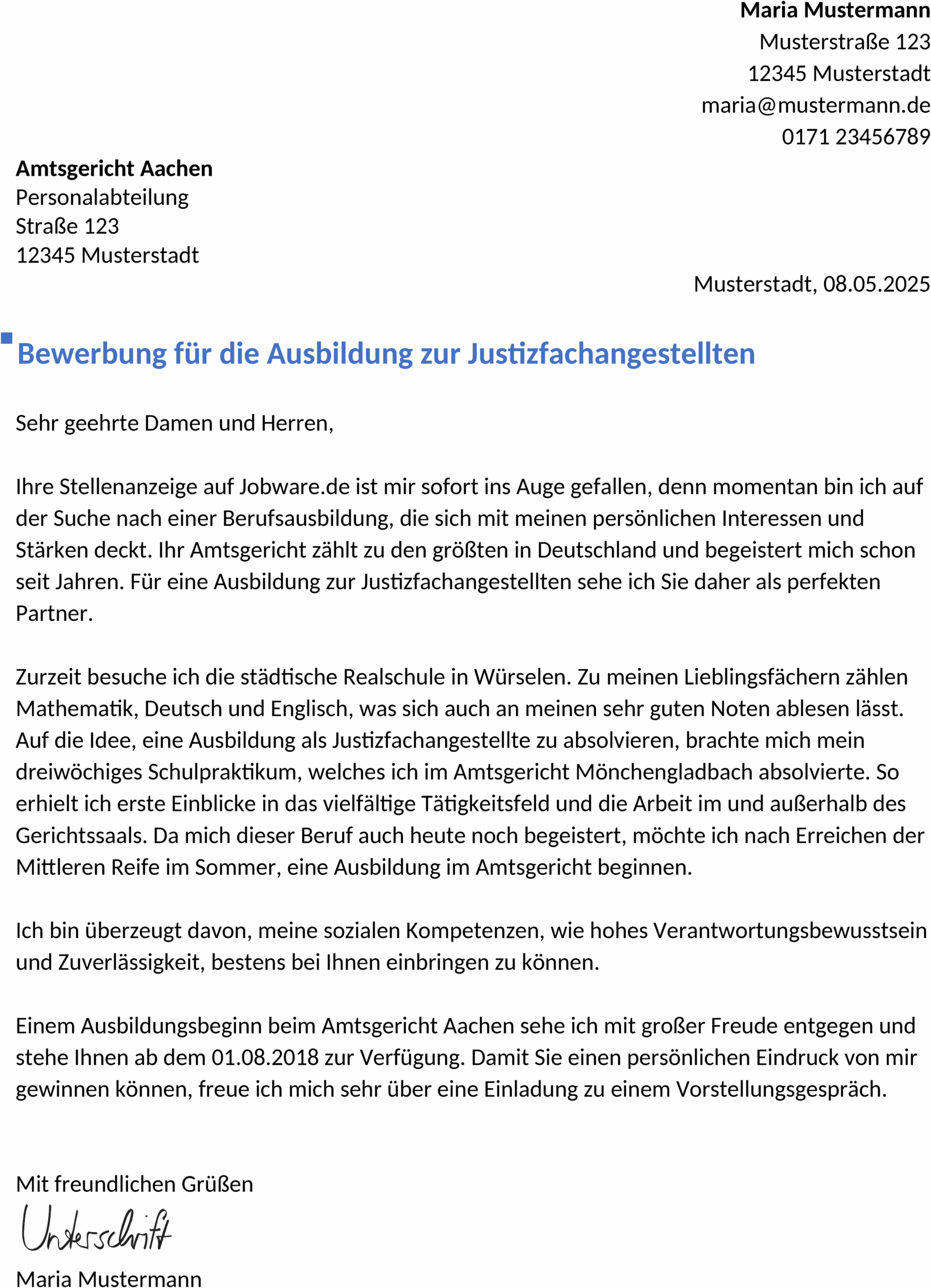 Bewerbungsvorlage für Justizfachangestellte Ausbildung