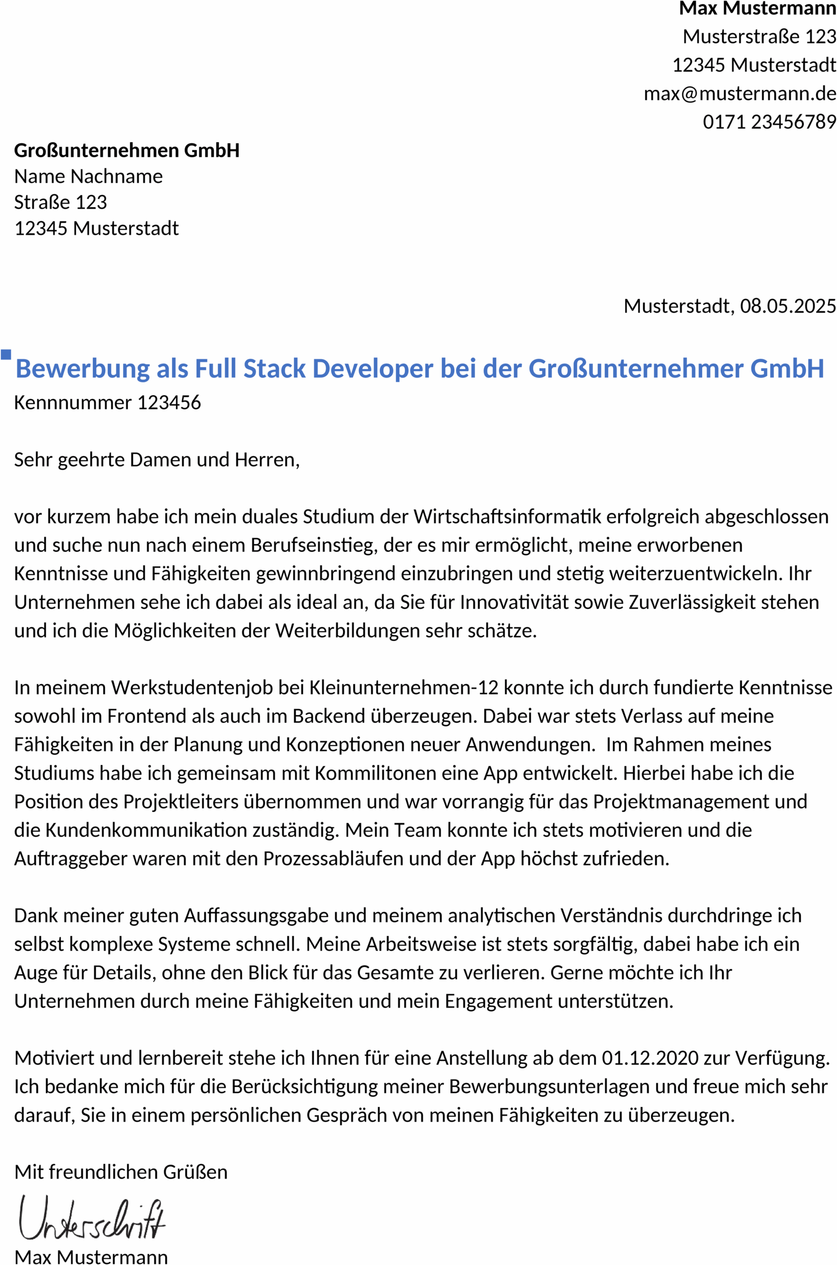 Word-Vorlage Full Stack Developer Berufseinstieg