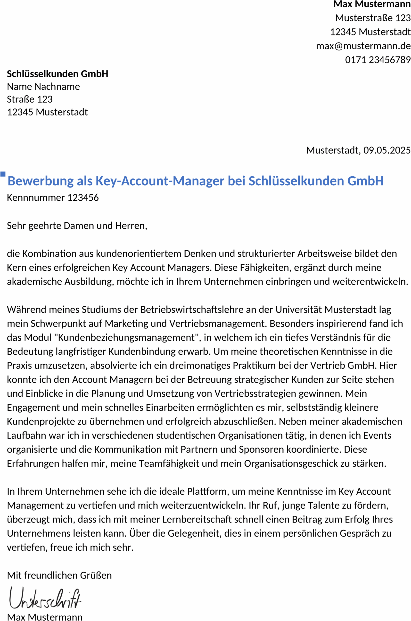 Bewerbungsvorlage Key Account Manager Berufseinstieg