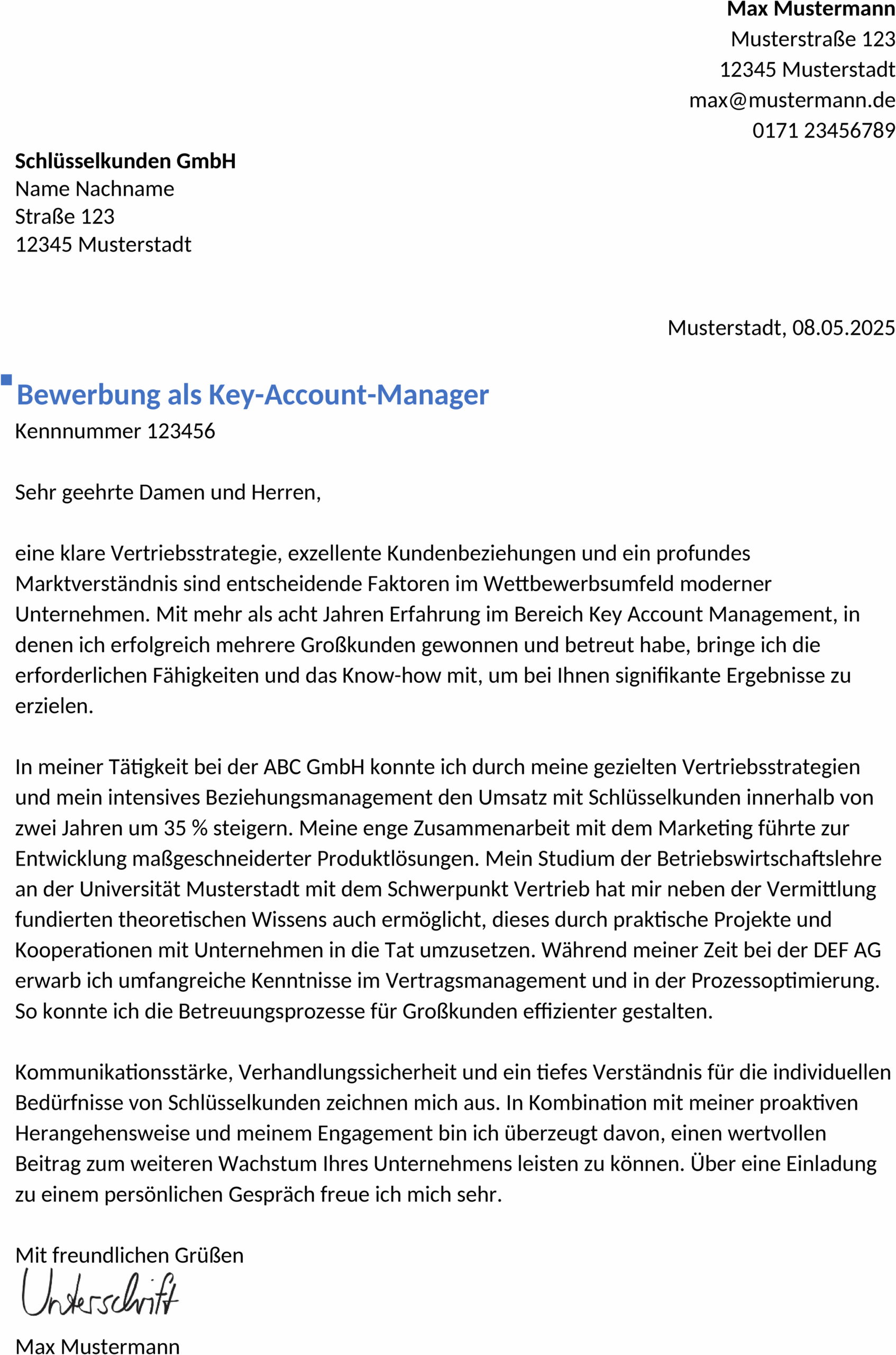 Bewerbungsvorlage Key Account Manager Berufserfahren