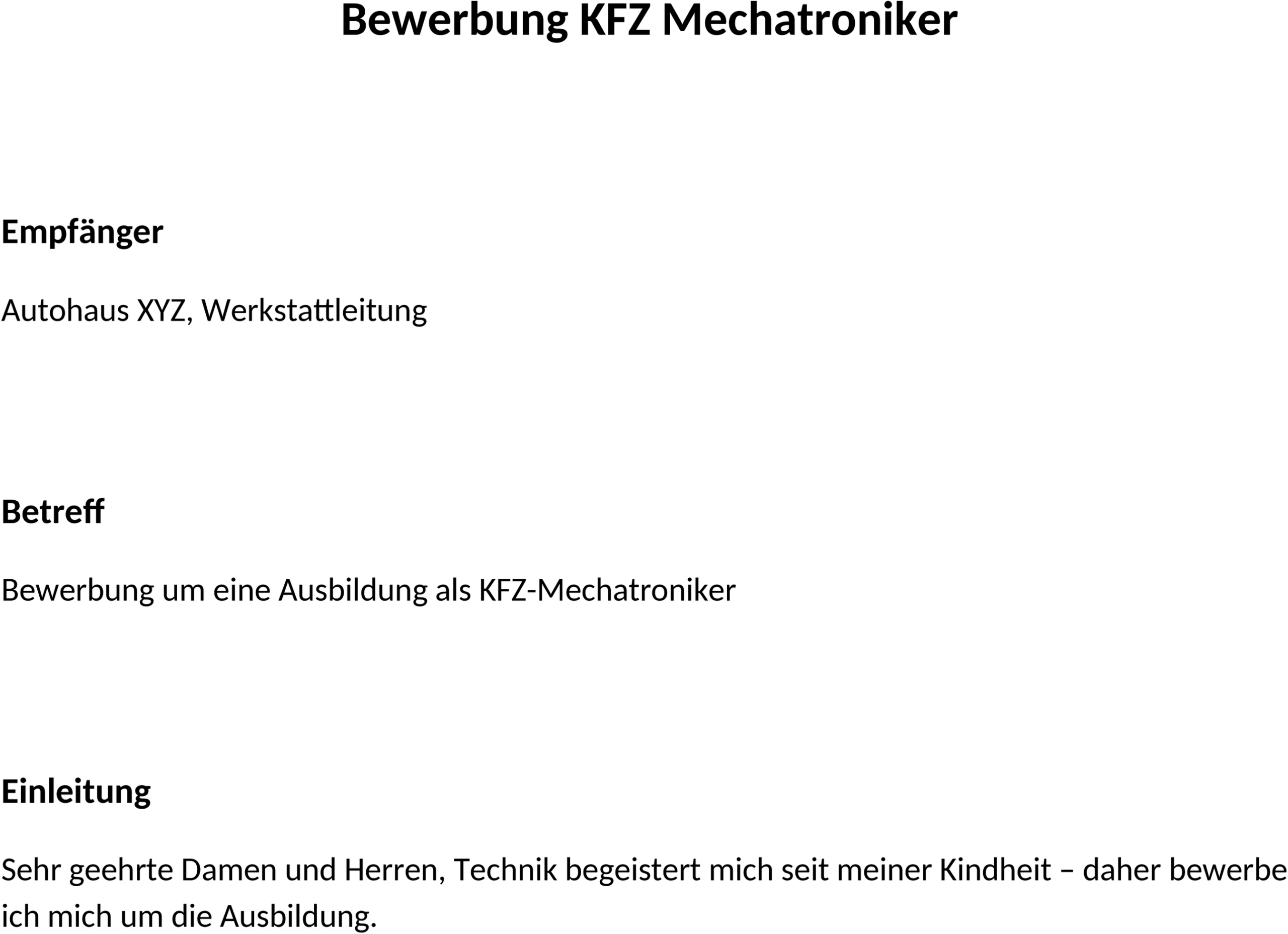 Bewerbungsvorlage KFZ-Mechatroniker Word