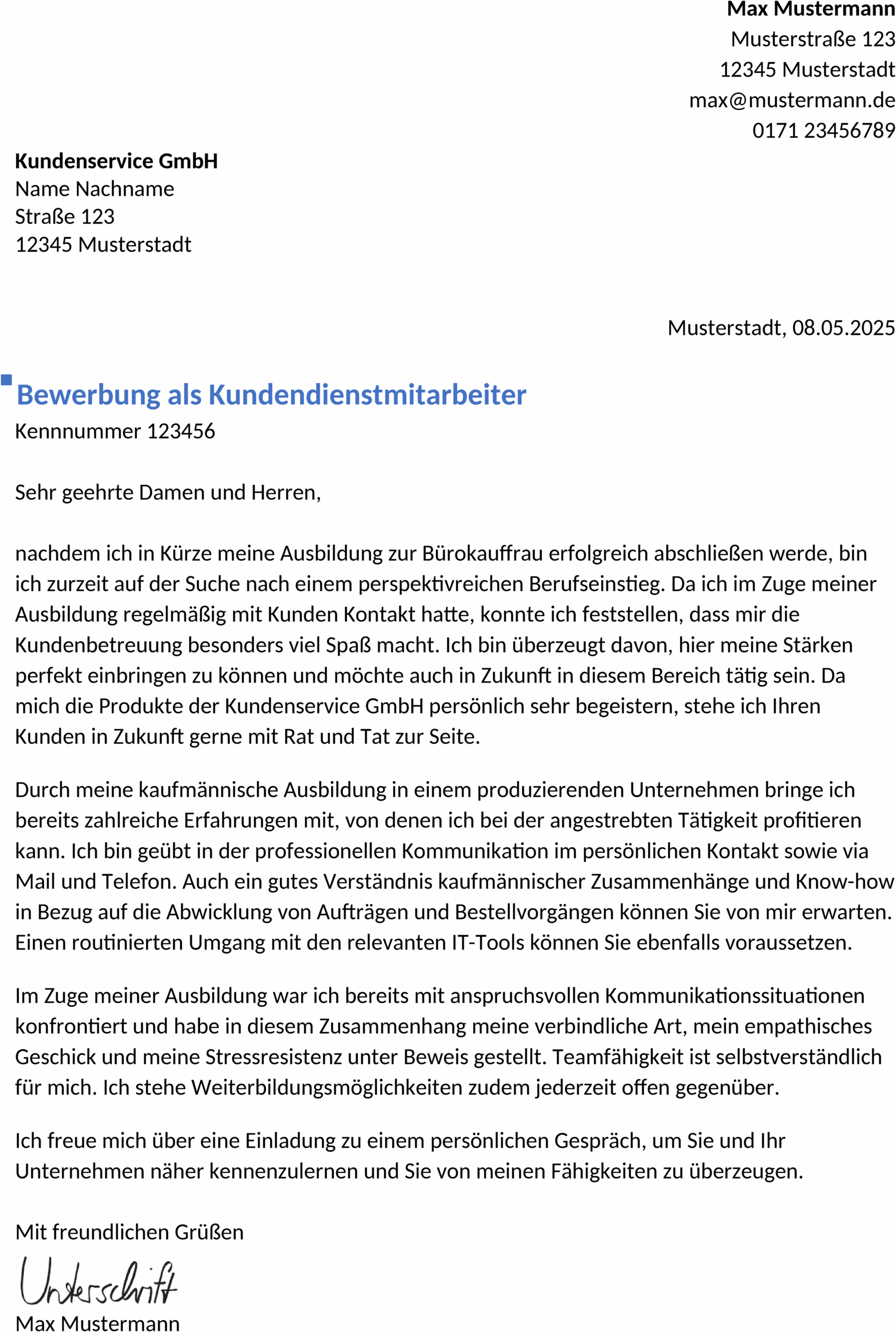 Word-Vorlage für Bewerbung als Kundendienstmitarbeiter