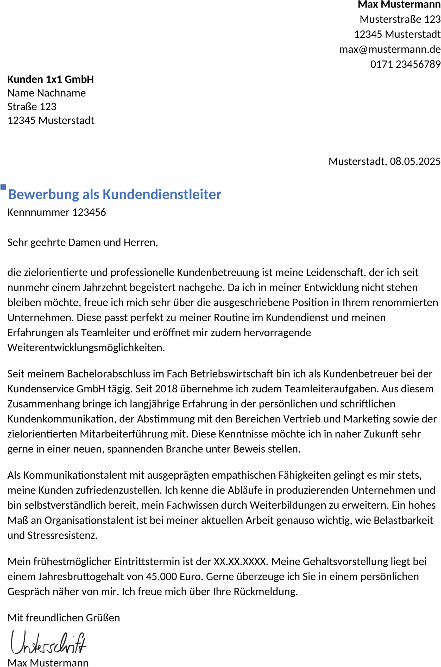 Word Vorlage Bewerbung Kundendienstmitarbeiter