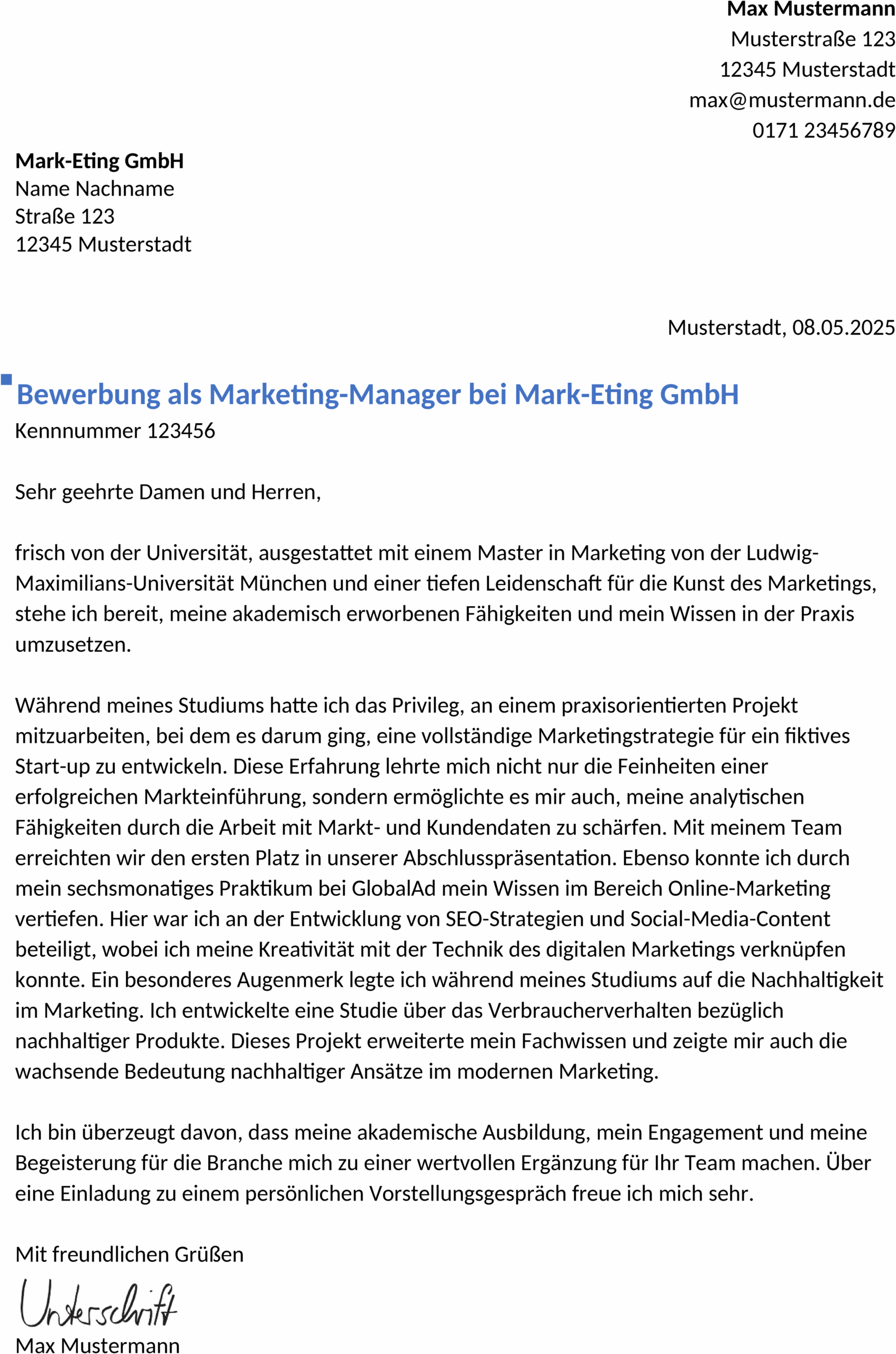 Word-Vorlage: Bewerbungsvorlage für Marketing-Manager Berufseinstieg