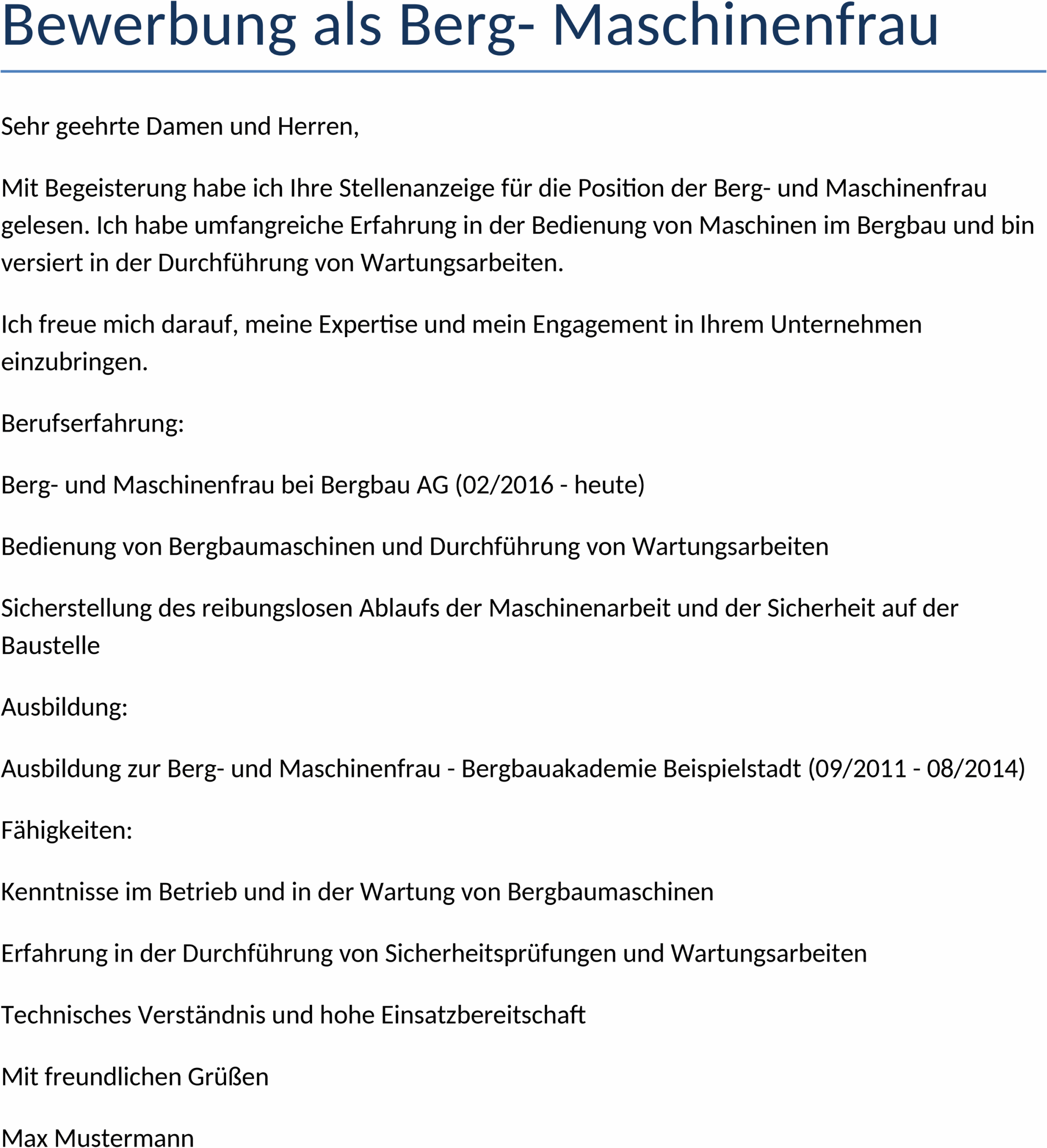 Bewerbungsvorlage Maschinenfuehrerin Bergbau