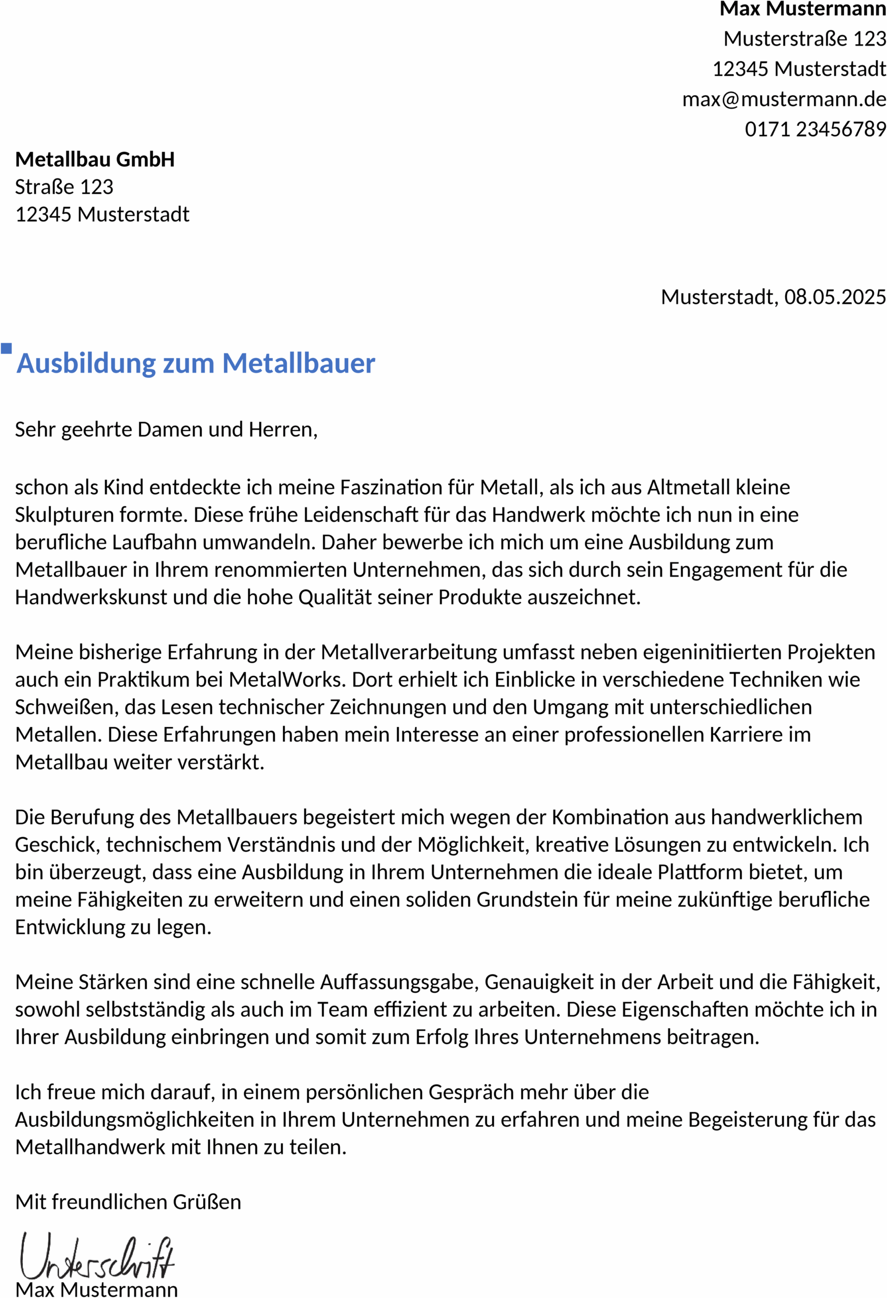 Word-Vorlage Bewerbung Metallbauer Ausbildung