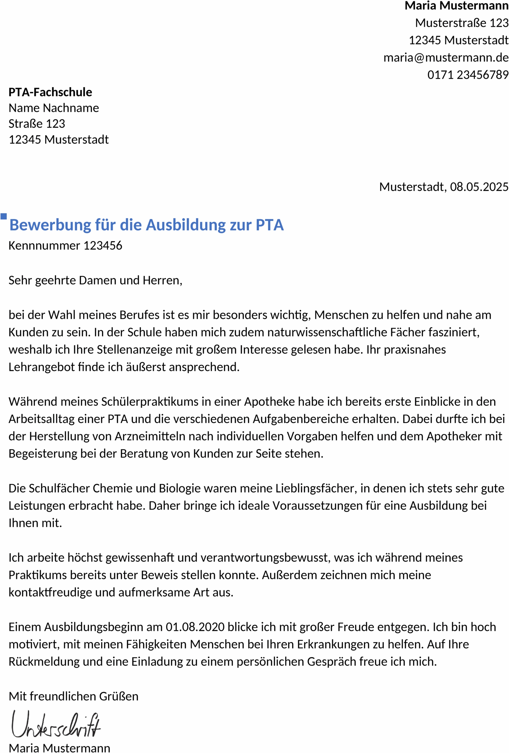 Word-Vorlage für Bewerbung zur PTA-Ausbildung