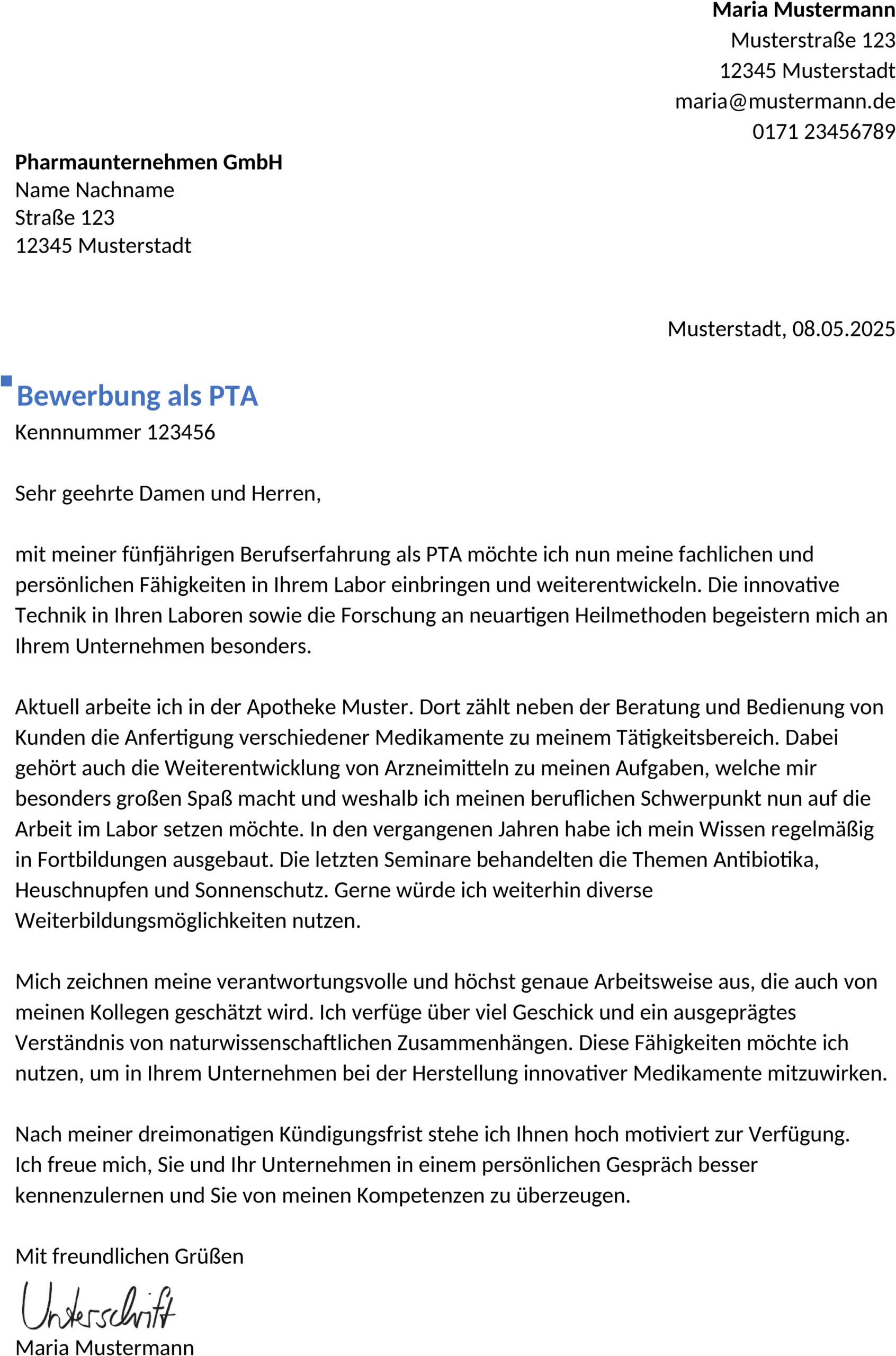 Word Bewerbungsvorlage PTA Berufserfahren