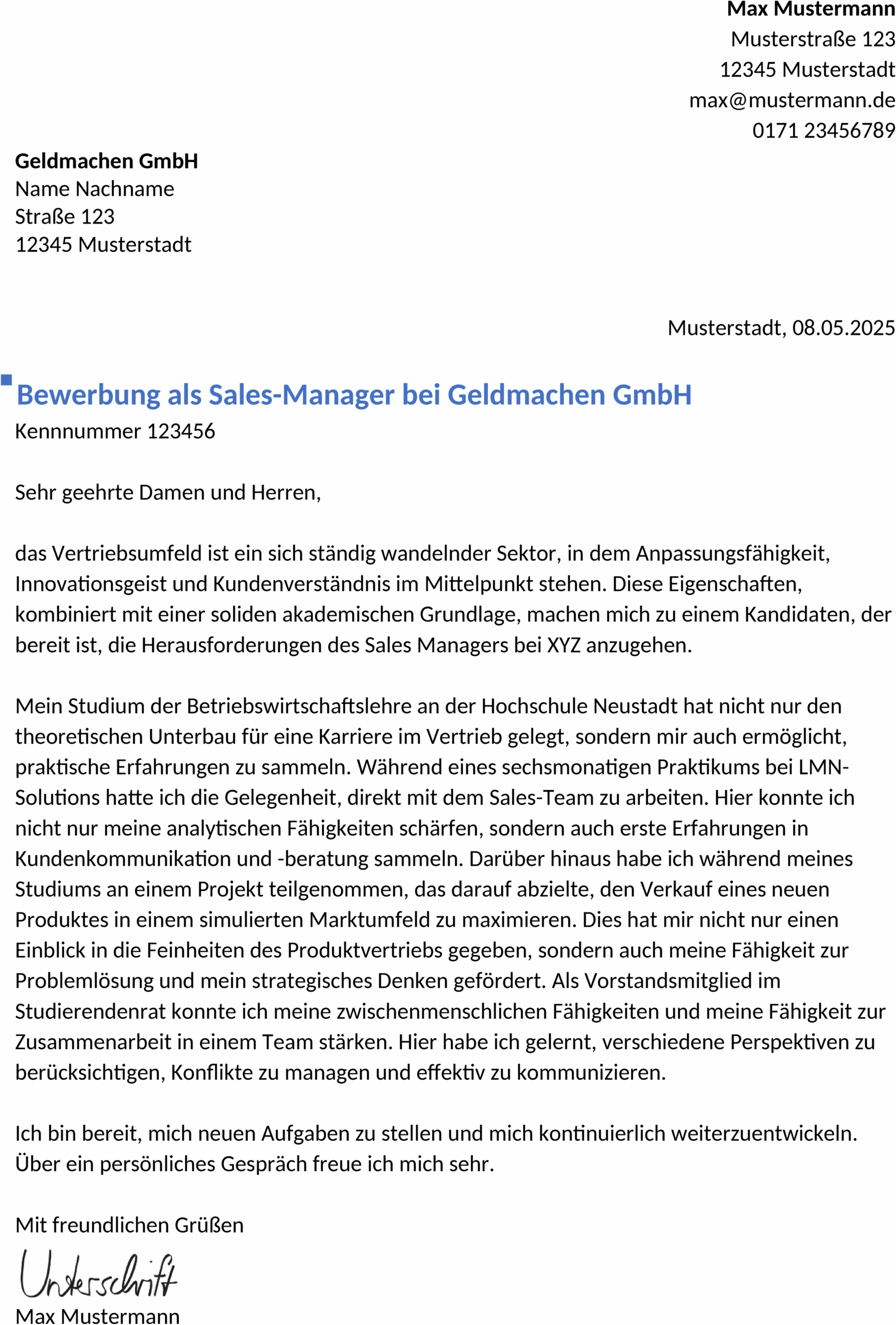 Bewerbungsvorlage für Sales Manager Berufseinstieg