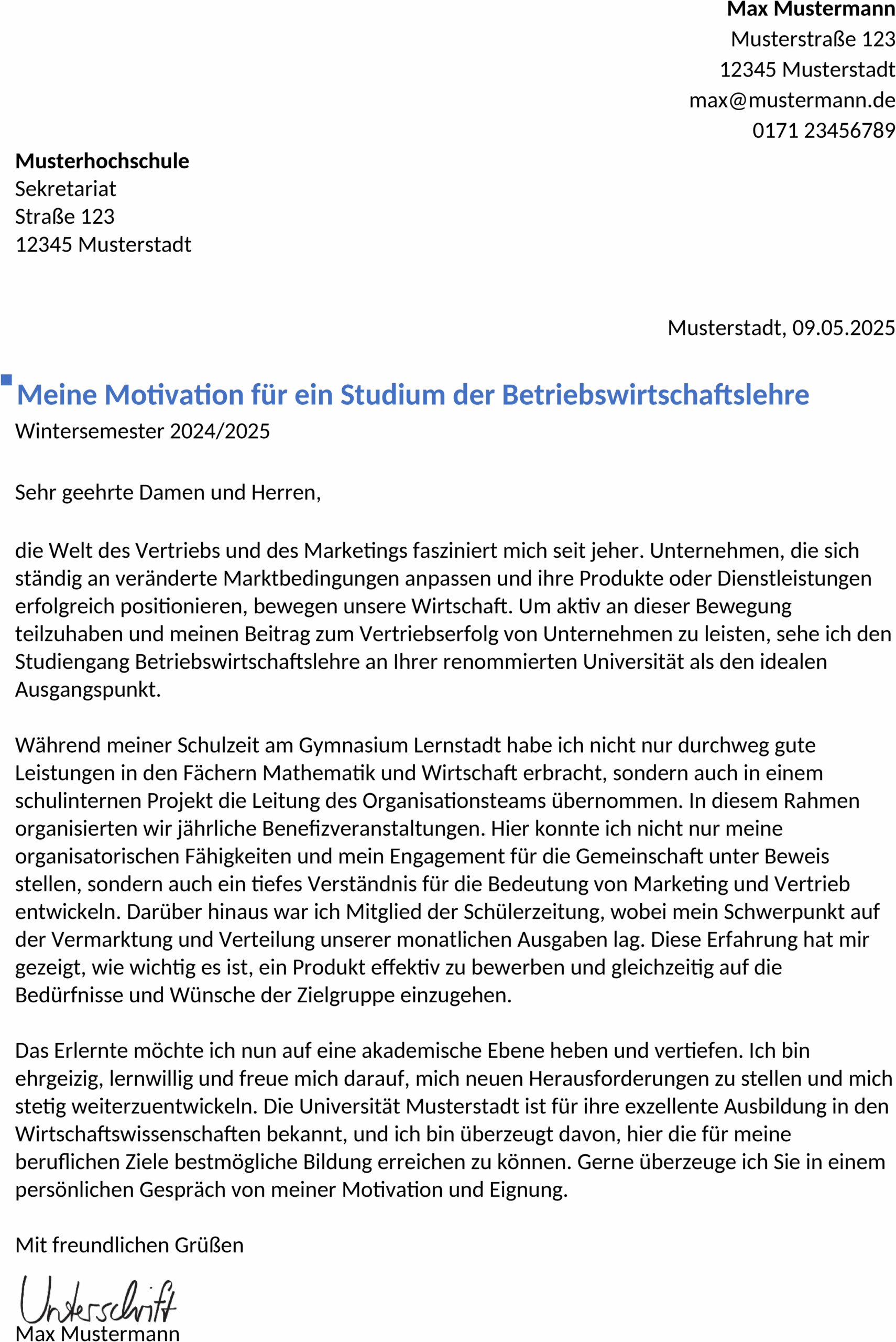 Bewerbungsvorlage Sales Manager Studium