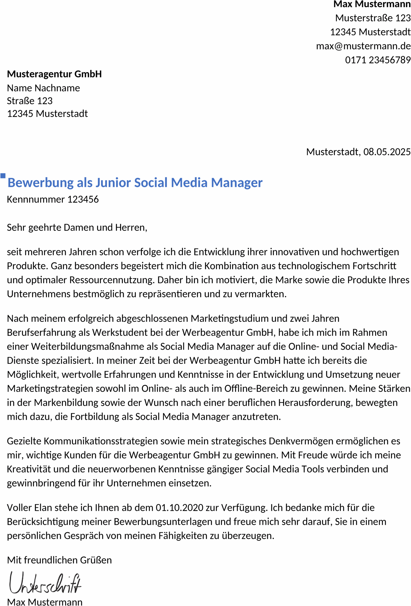 Bewerbungsvorlage als Word für Social Media Manager Berufseinstieg