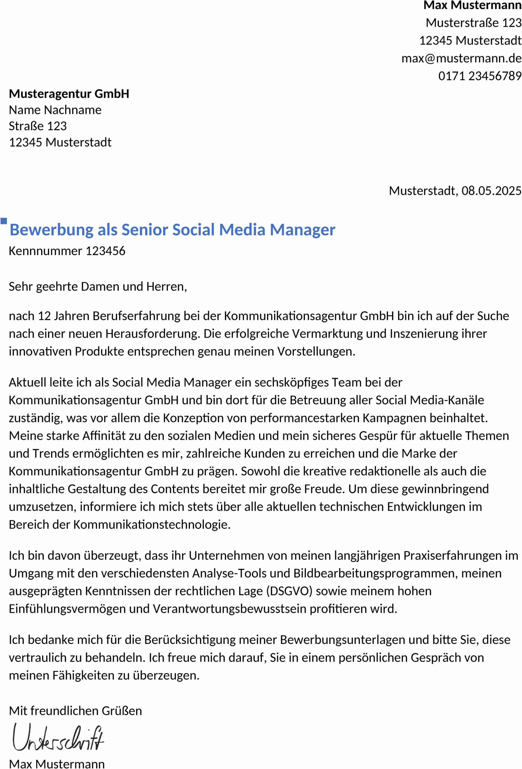 Bewerbungsvorlage für Social Media Manager mit Berufserfahrung