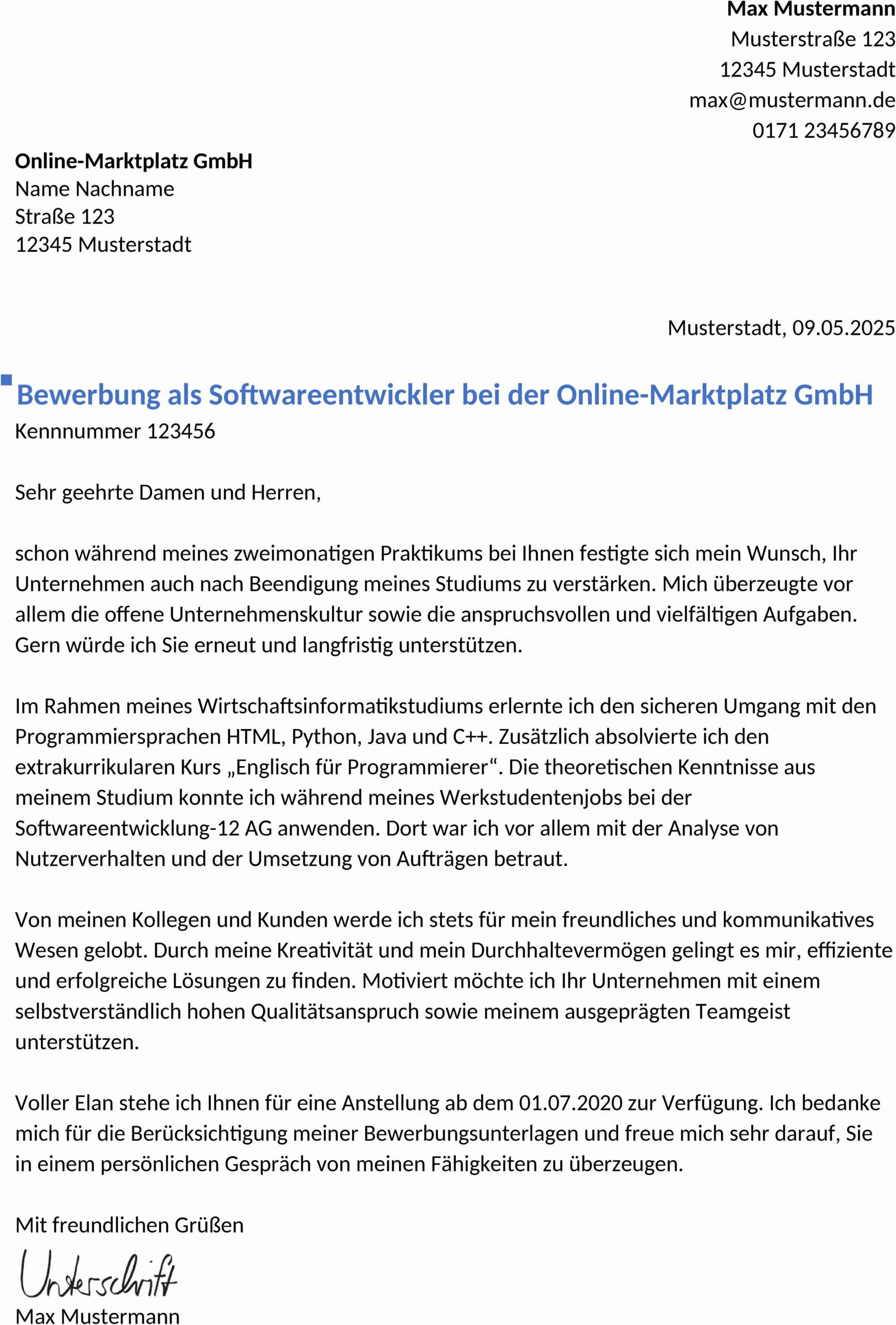 Word-Vorlage für Berufsanfänger im Bereich Softwareentwicklung