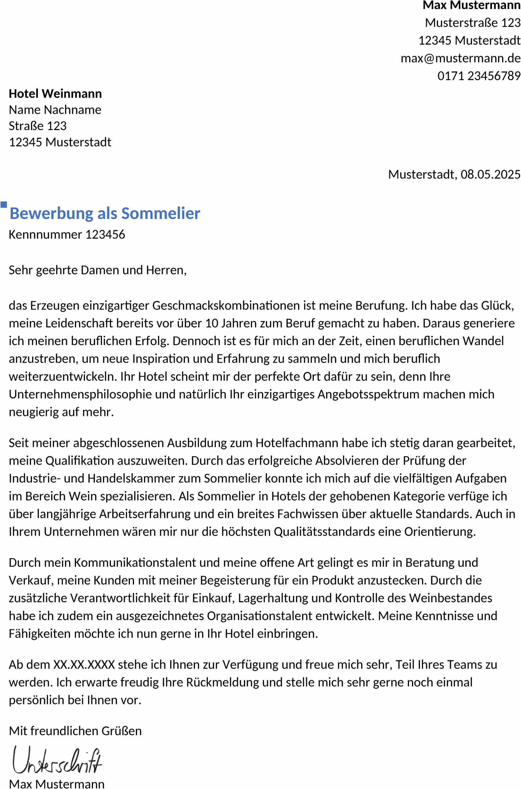 Bewerbungsvorlage Sommelier Berufserfahren