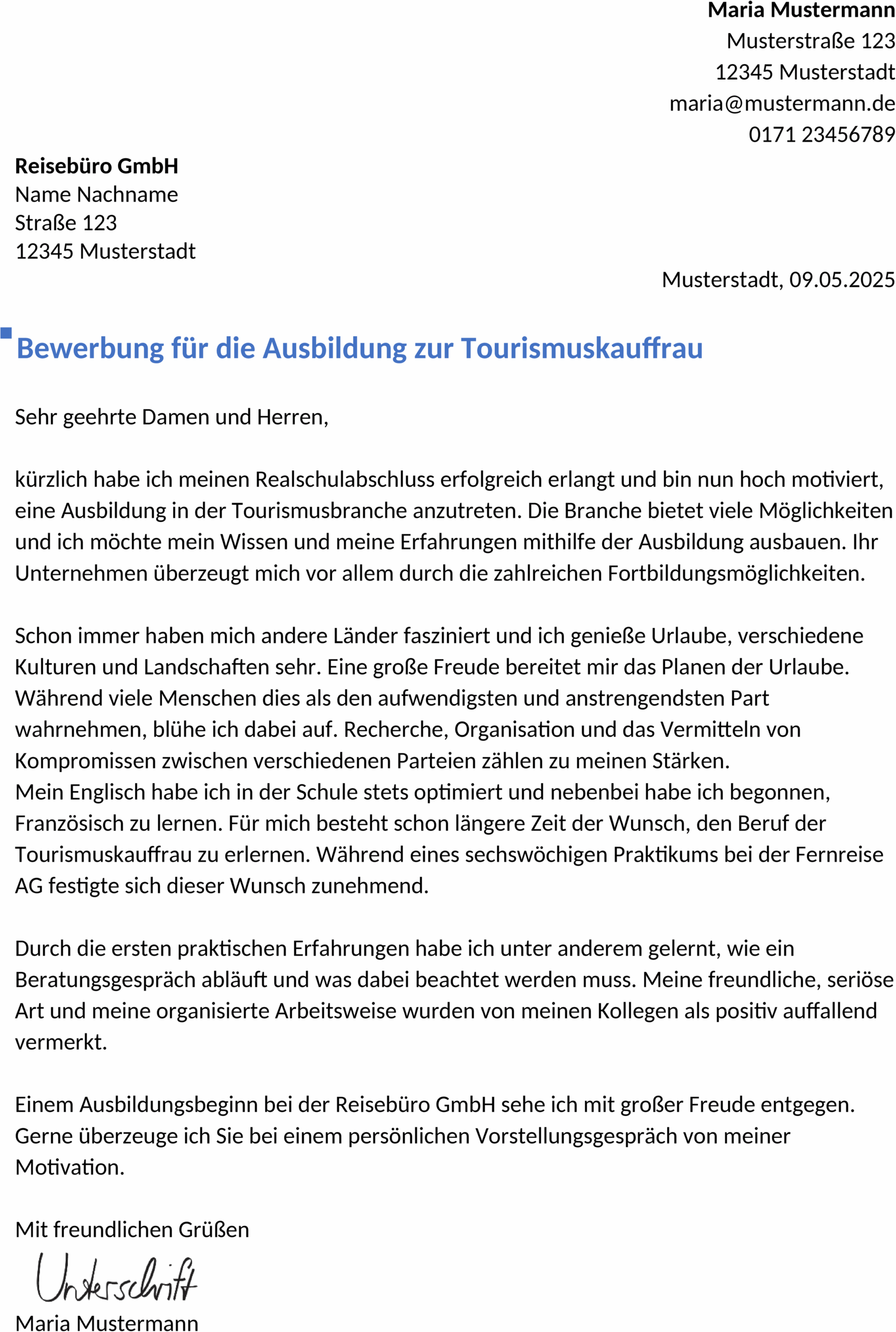 Bewerbungsvorlage Tourismuskauffrau Ausbildung