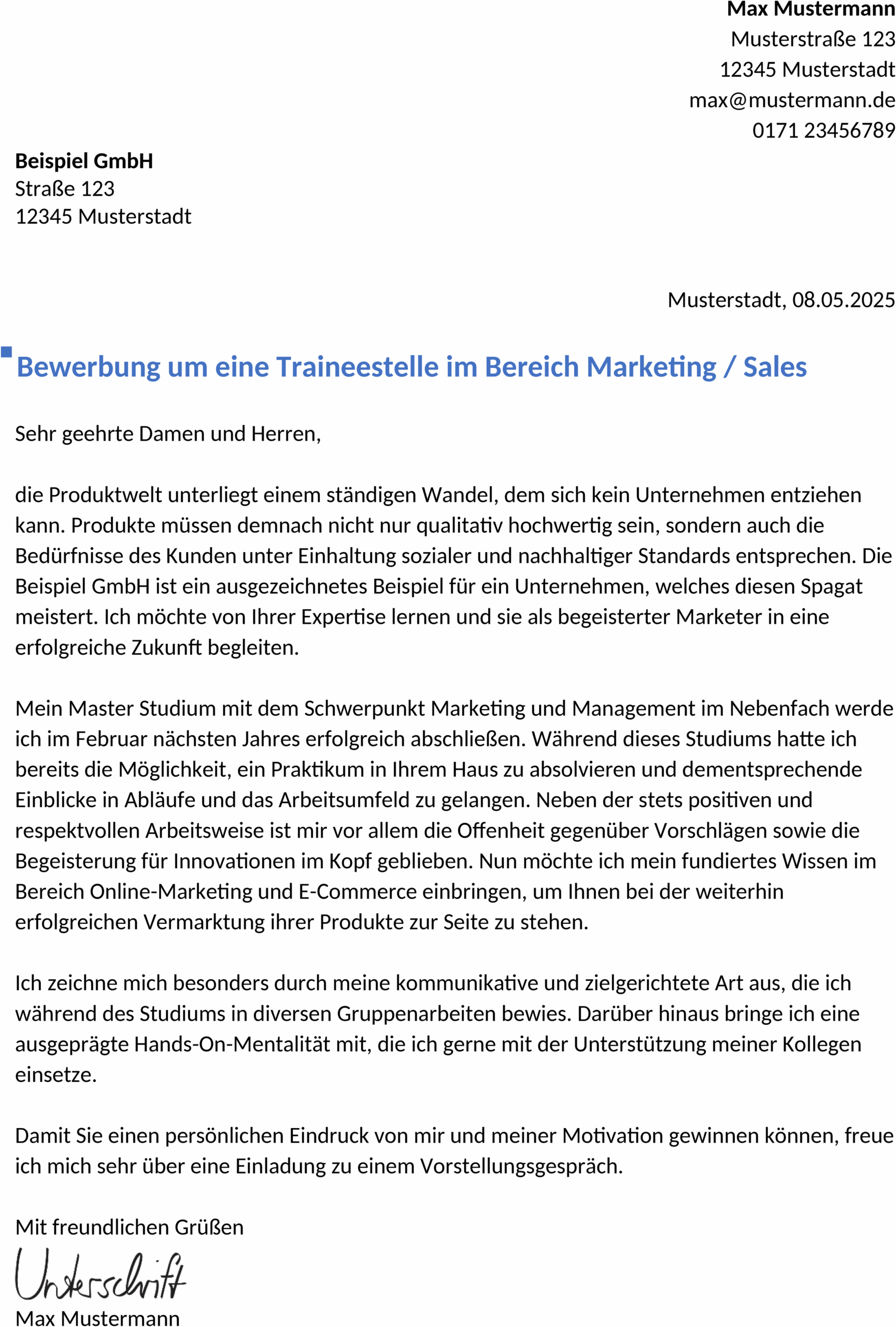 Word-Dokument Bewerbungsvorlage Trainee