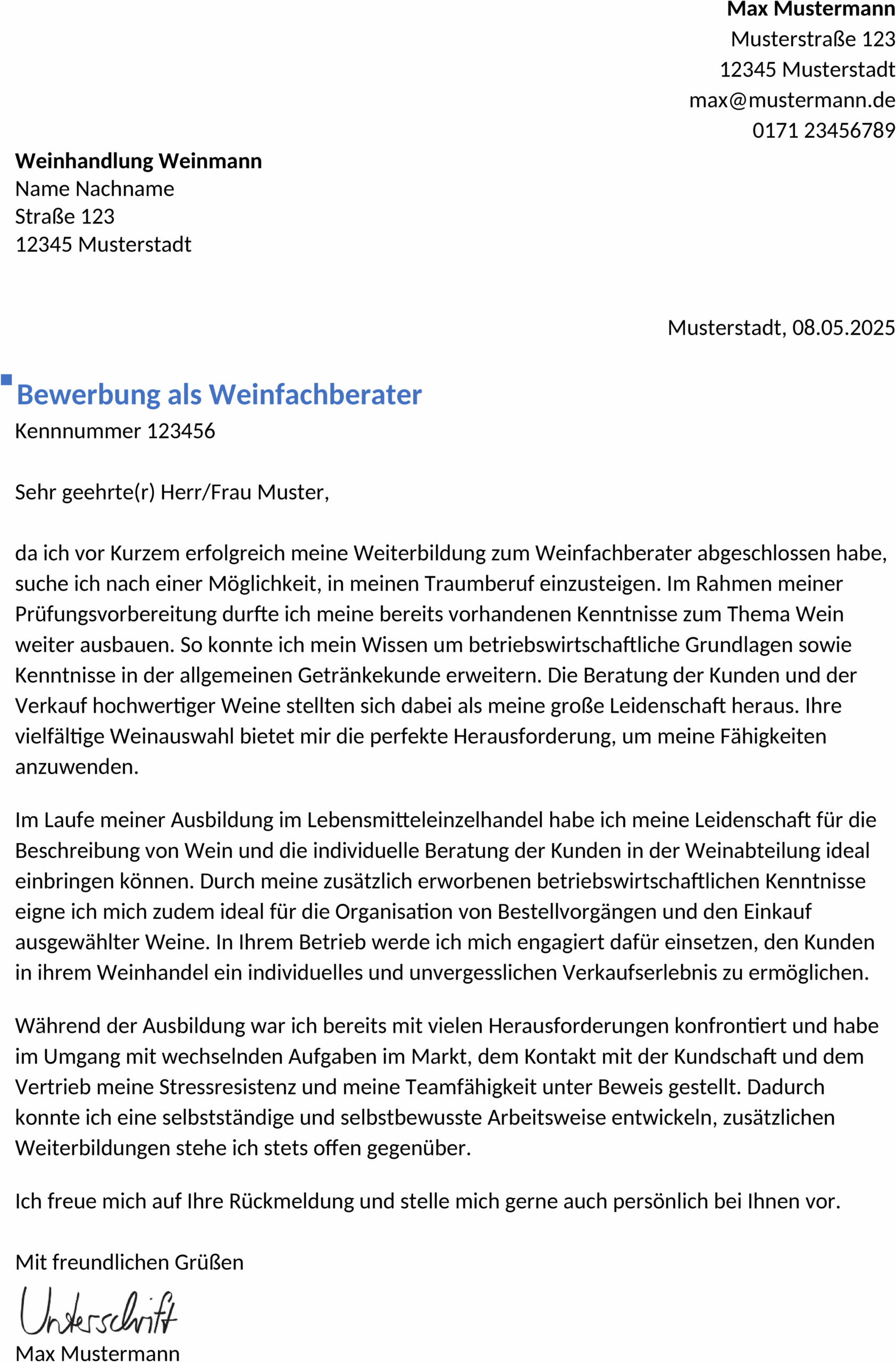 Word-Bewerbungsvorlage für Weinfachberater Berufseinstieg