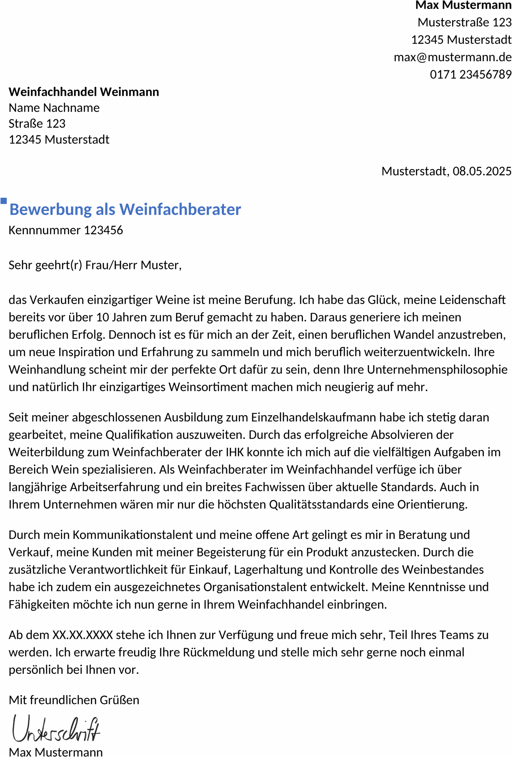 Bewerbungsvorlage für Weinfachberater mit Berufserfahrung