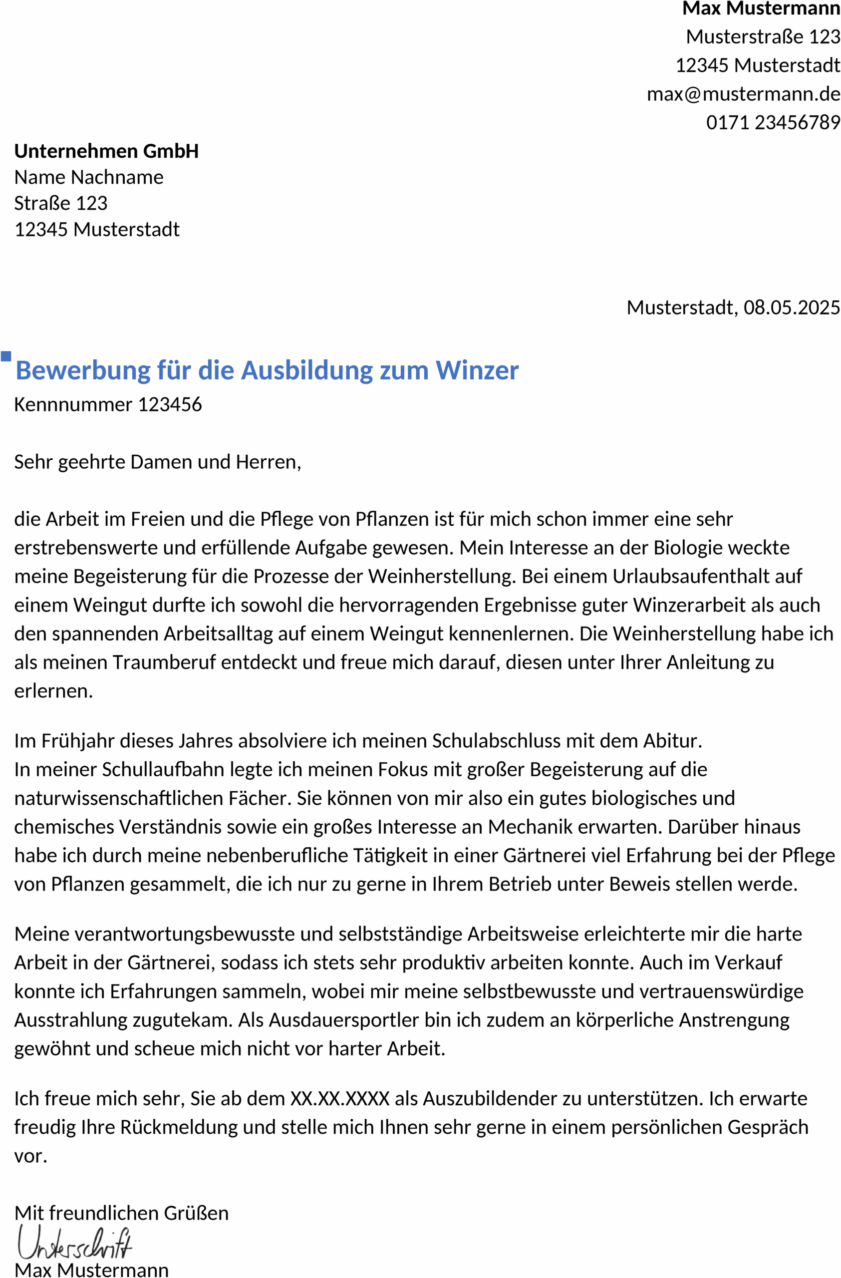 Word Bewerbungsvorlage für Winzer-Ausbildung