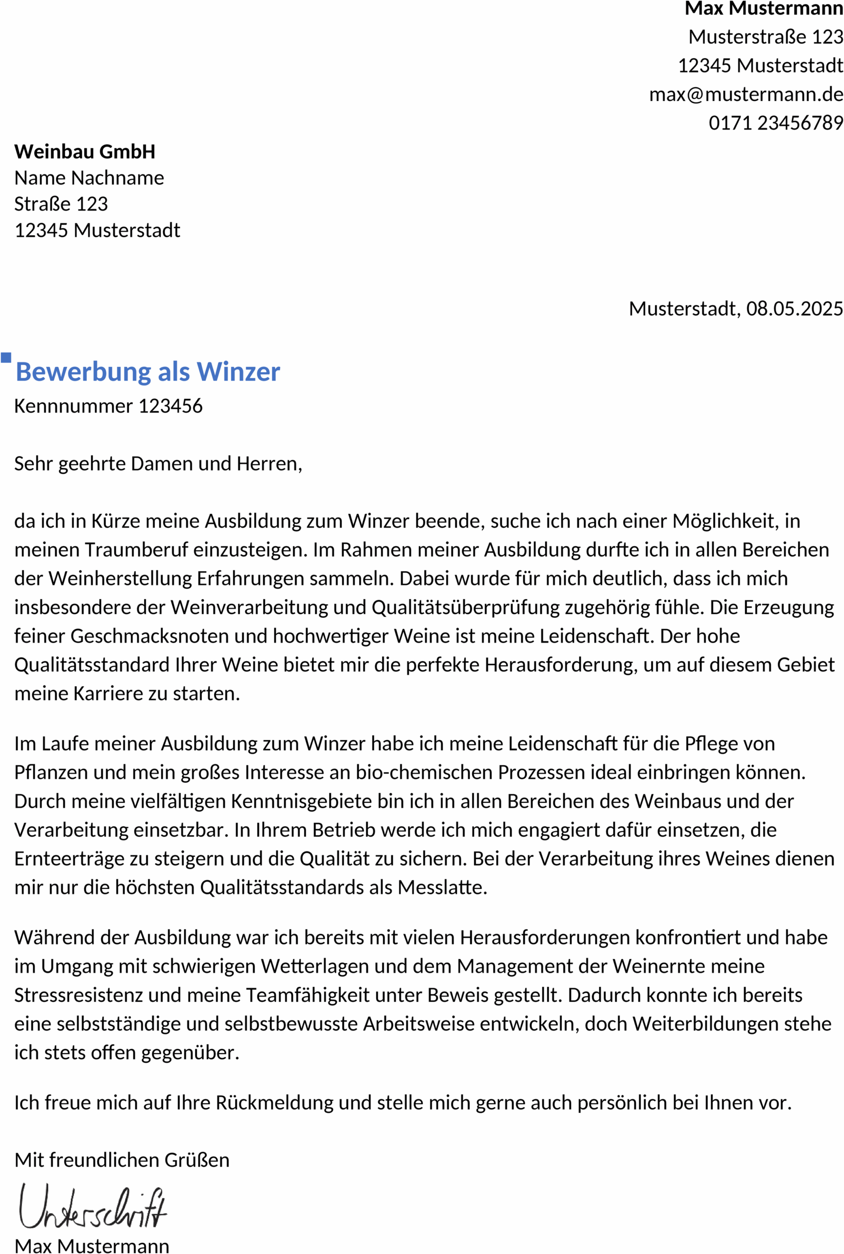 Bewerbungsvorlage Winzer Berufseinstieg