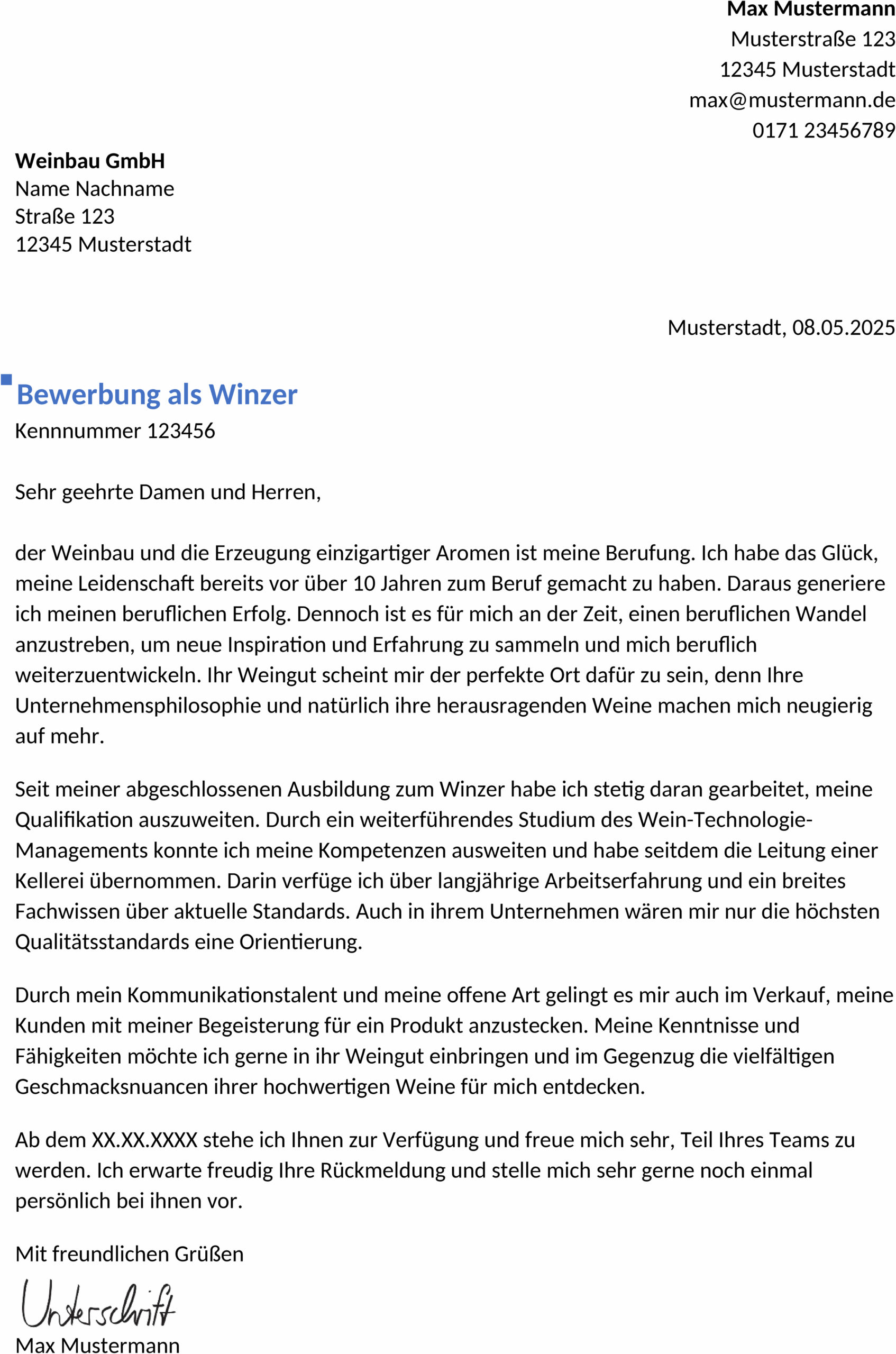 Bewerbungsvorlage für erfahrene Winzer