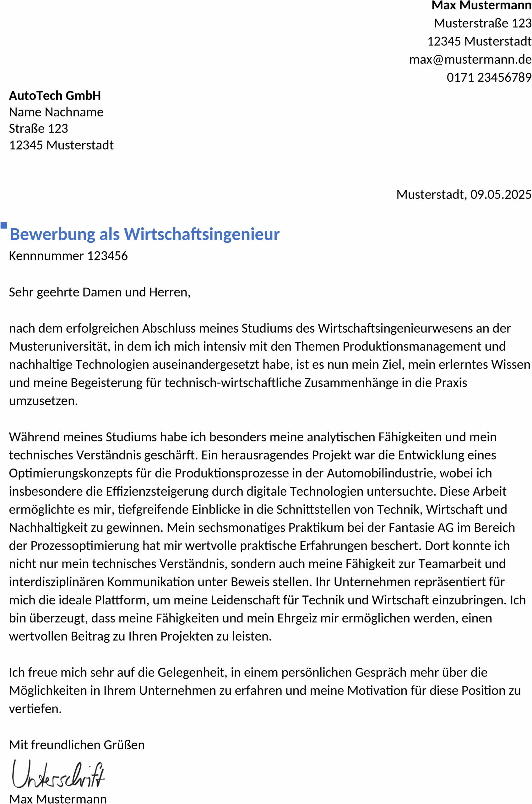 Word-Datei Bewerbungsvorlage Wirtschaftsingenieur Berufseinstieg