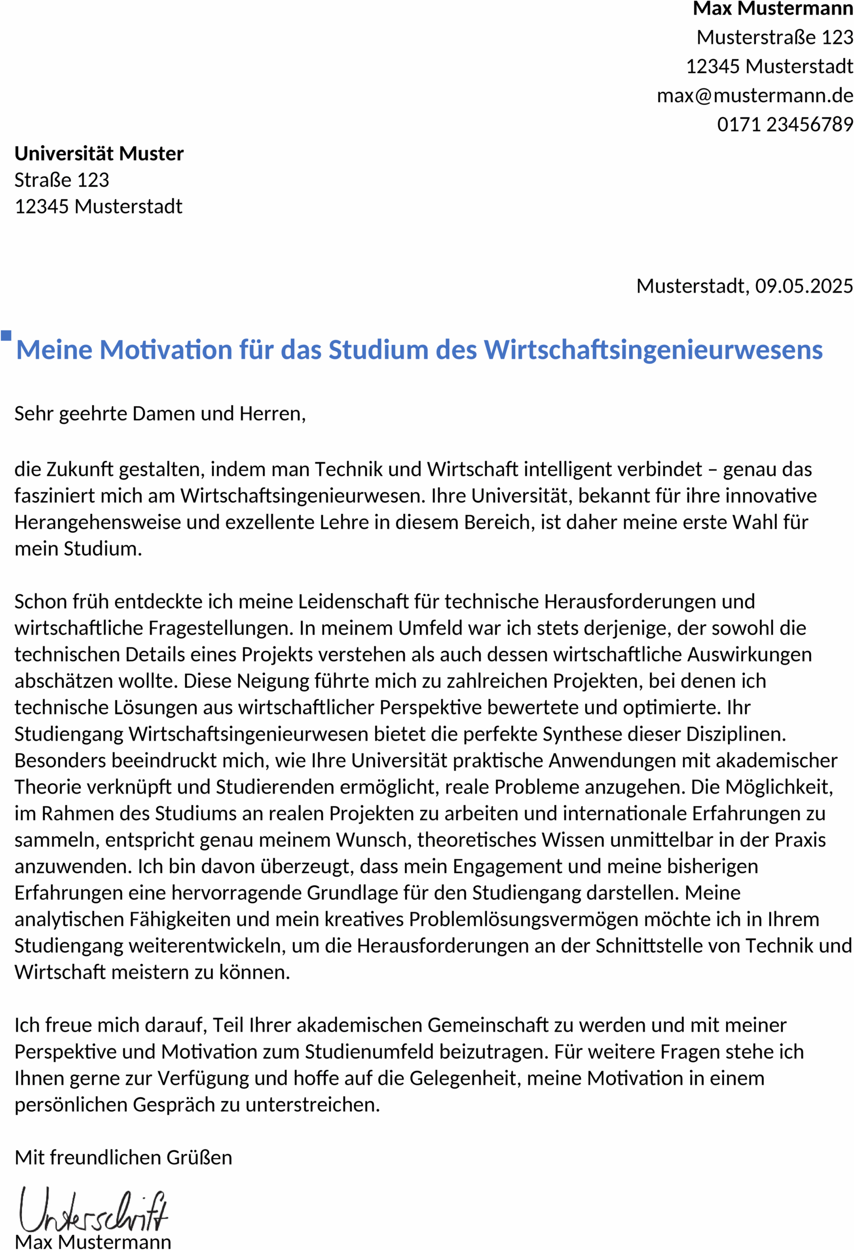 Bewerbungsvorlage für Wirtschaftsingenieure im Studium
