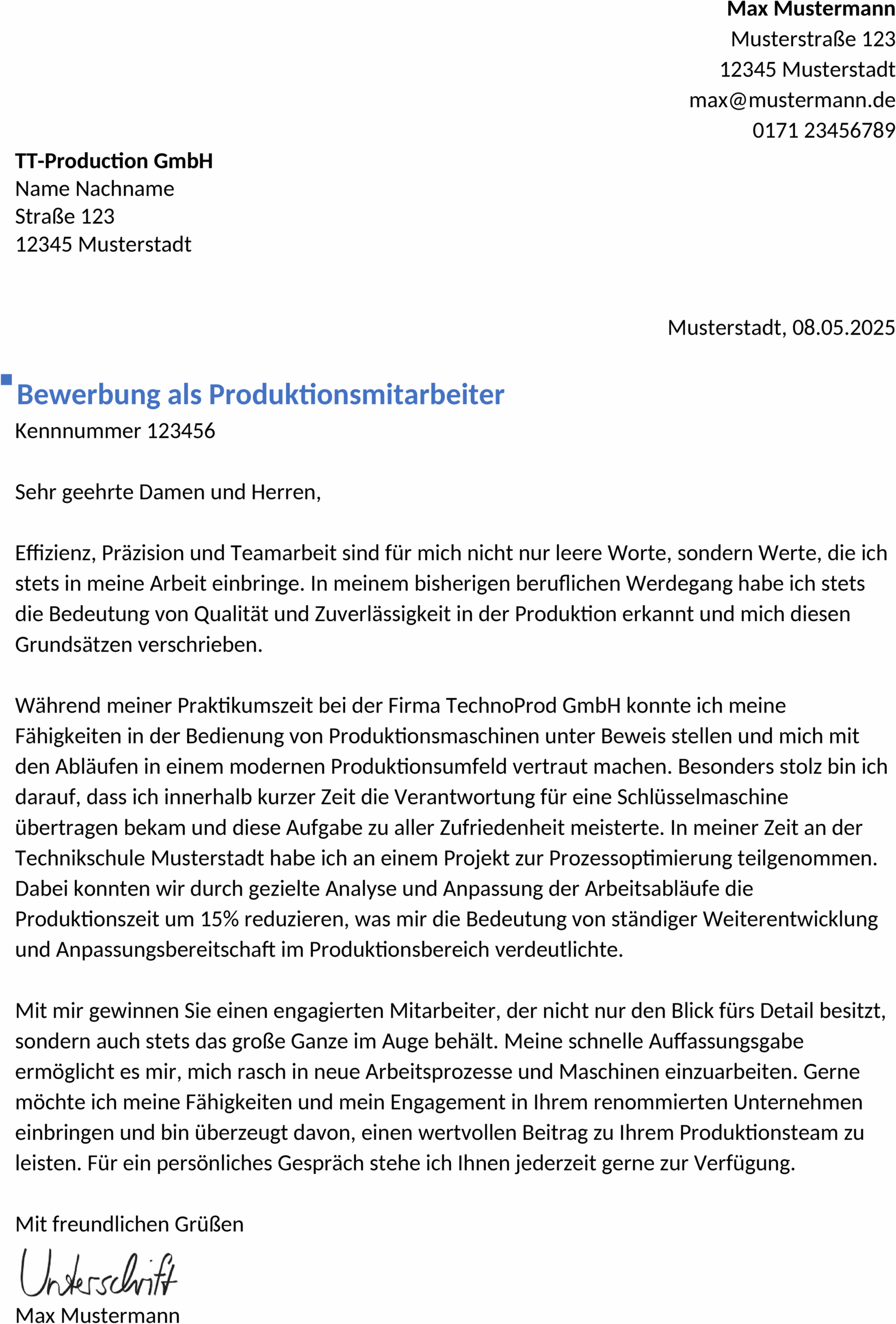 Word Vorlage Bewerbungsvorlagen Produktionsmitarbeiter Berufseinstieg