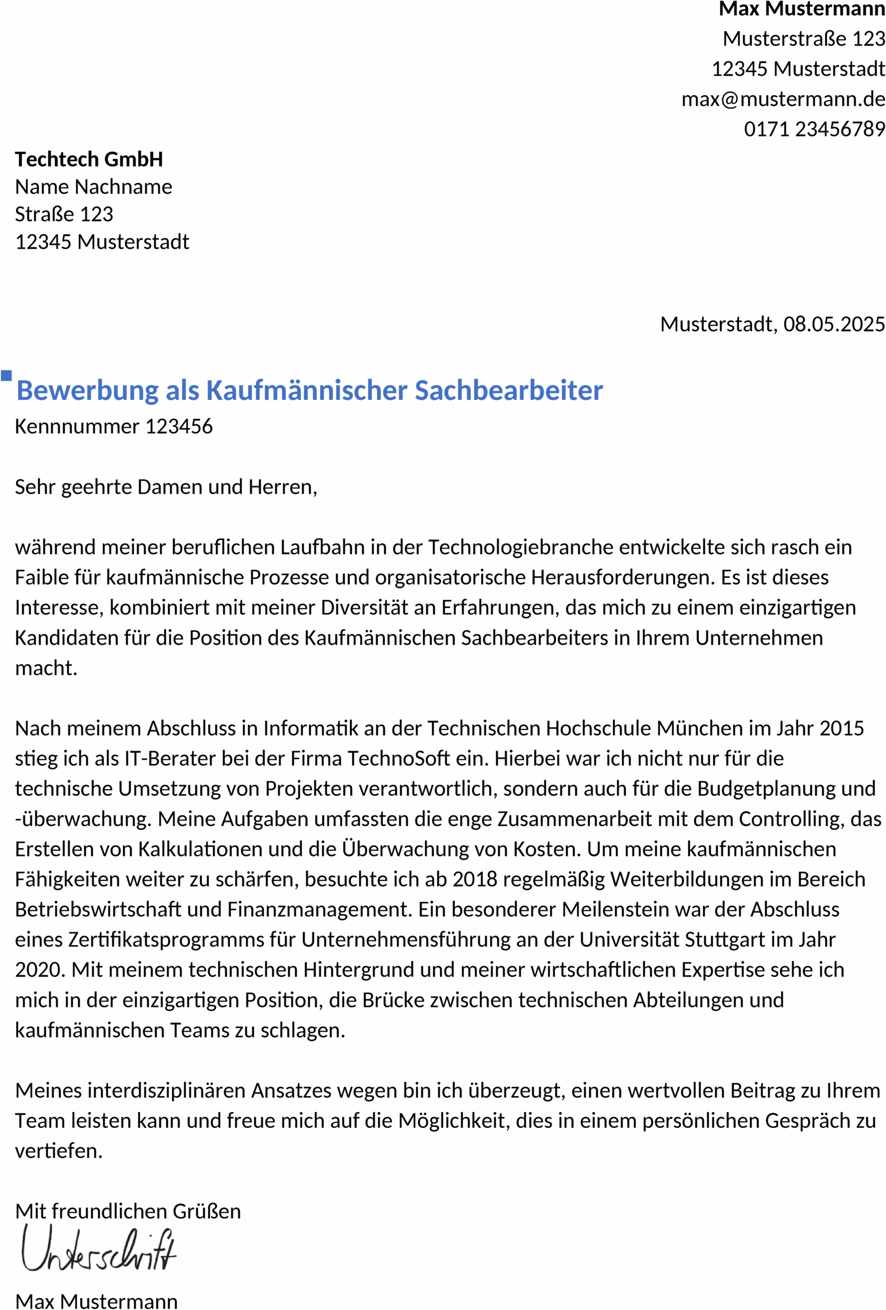 Bewerbungsvorlagen Sachbearbeiter Quereinstieg Word