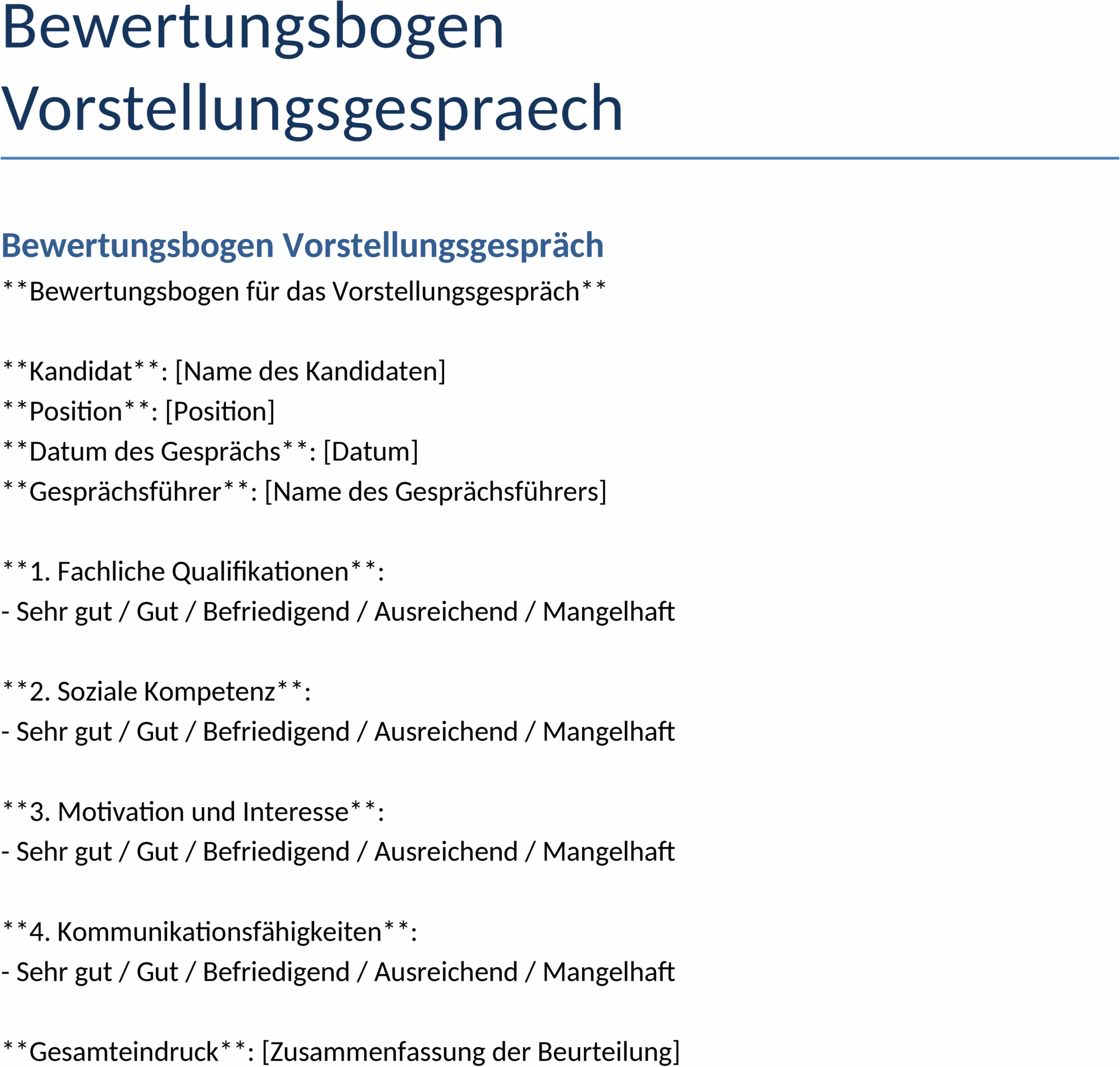 Word Vorlage Bewertungsbogen Vorstellungsgespraech