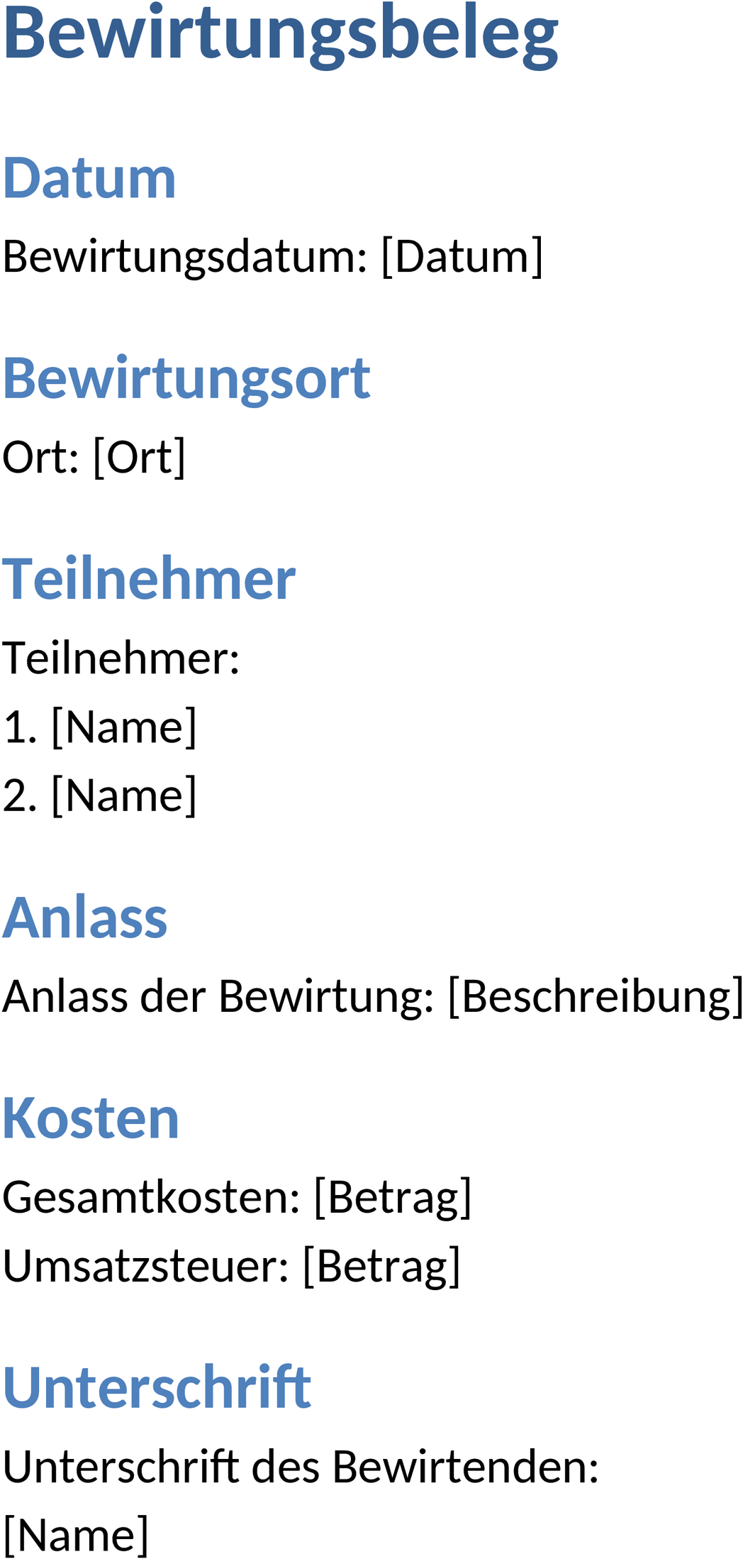 Bewirtungsbeleg Word-Vorlage für Buchhaltung