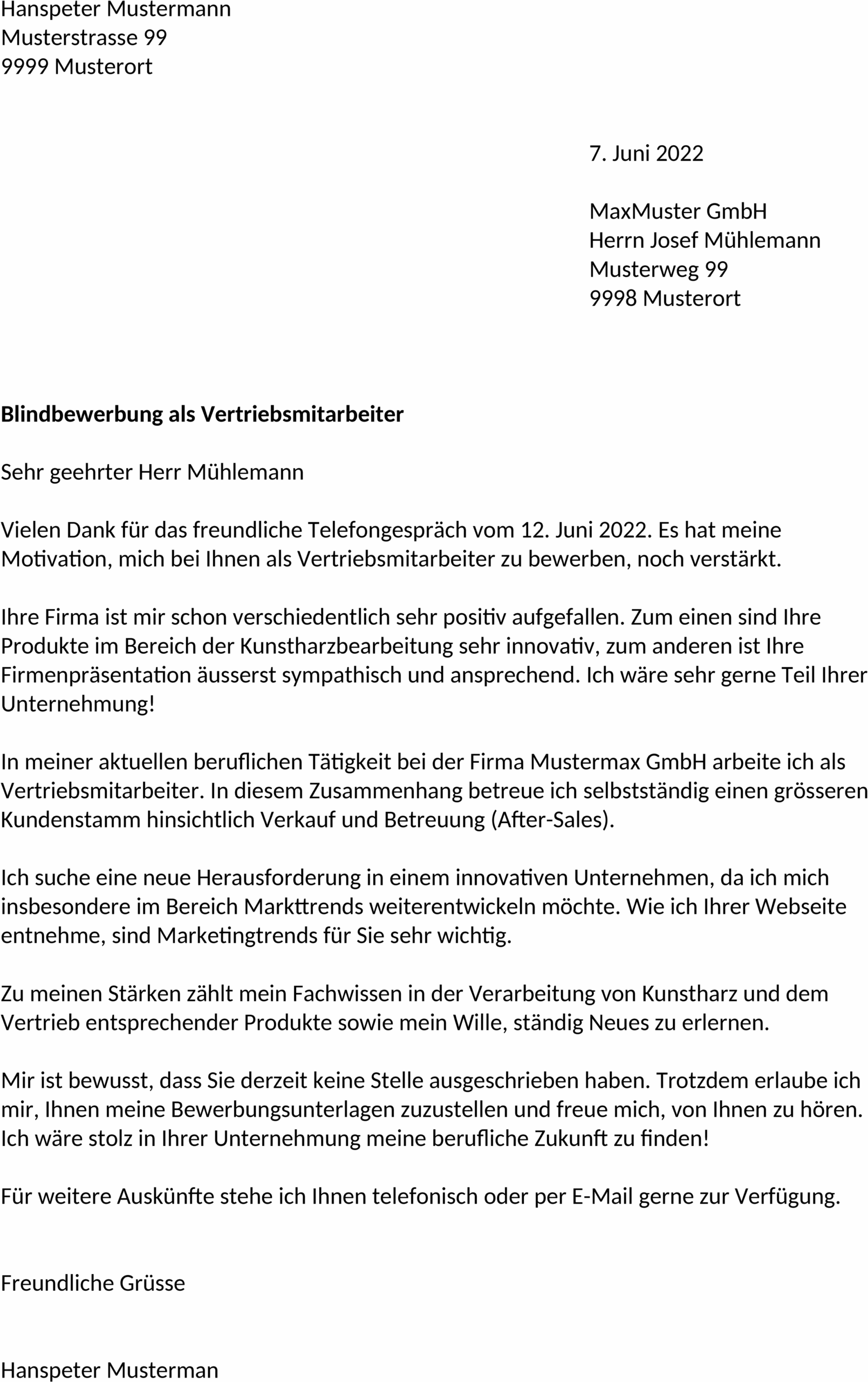 Blindbewerbung Word-Vorlage