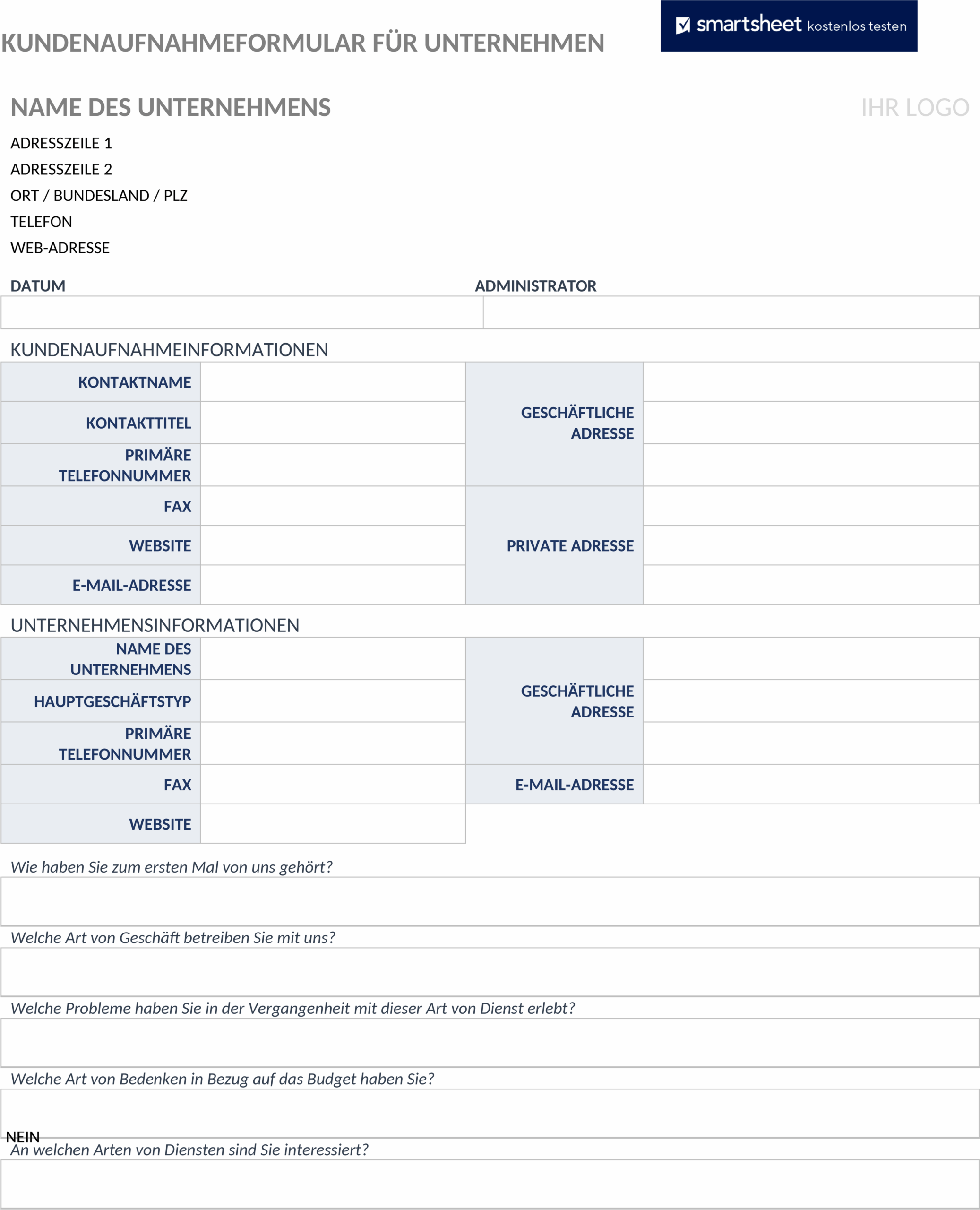 Business Corporate Client Intake Form WORD