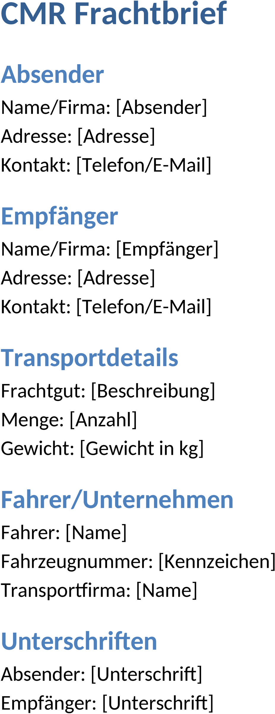 CMR Frachtbrief Vorlage in Word Format