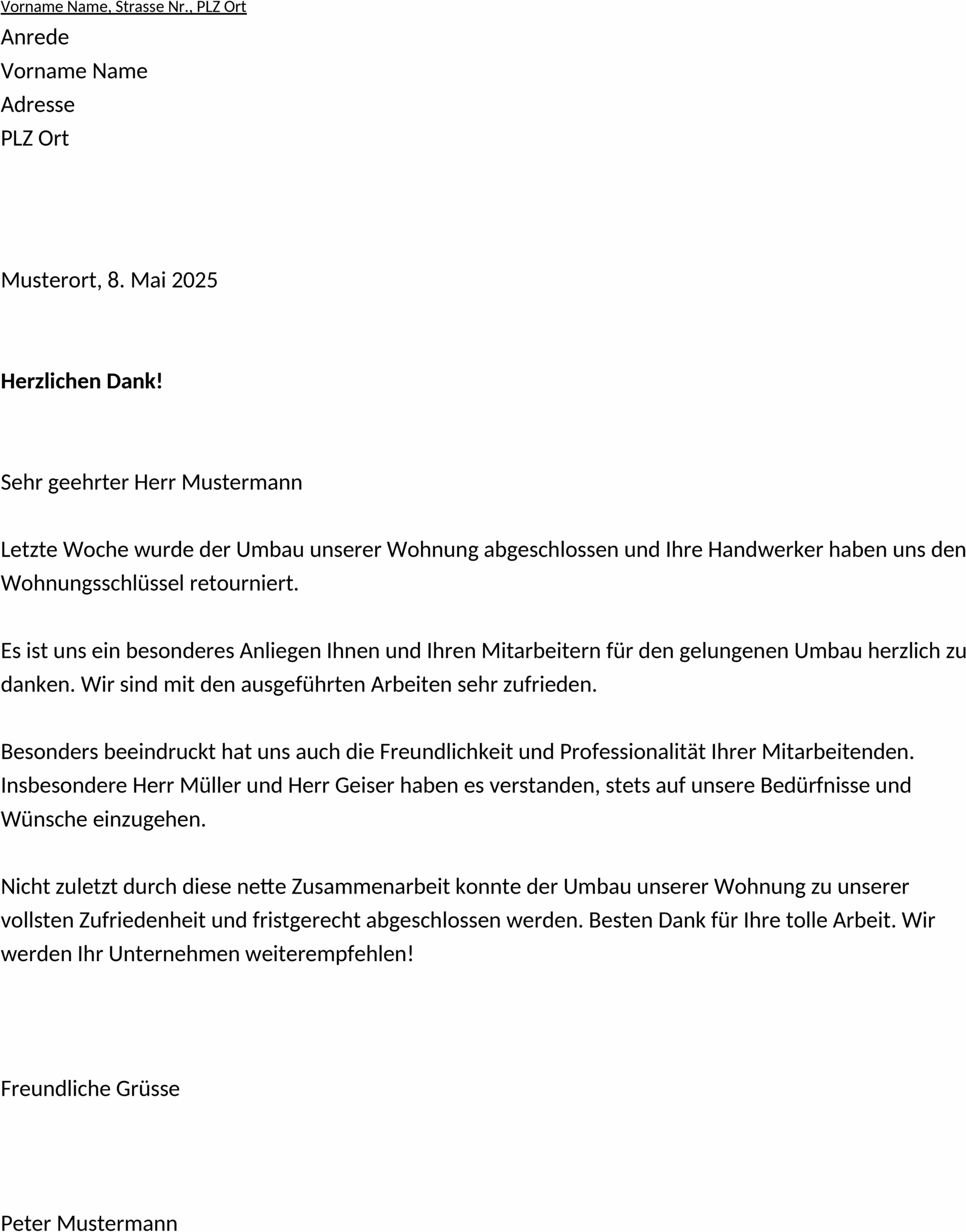 Dankesbrief-Vorlage im Word-Format