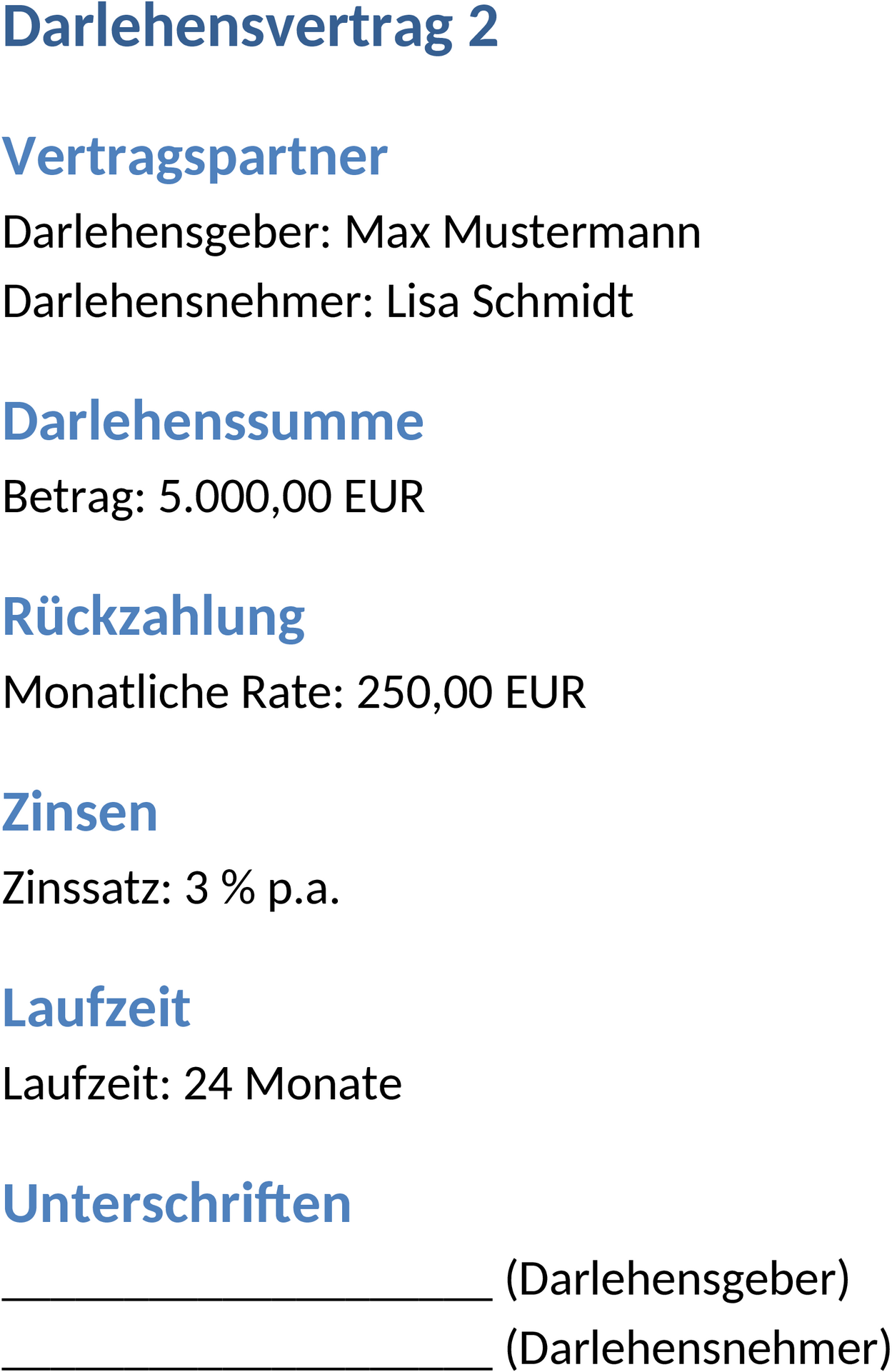 Darlehensvertrag Word-Dokument